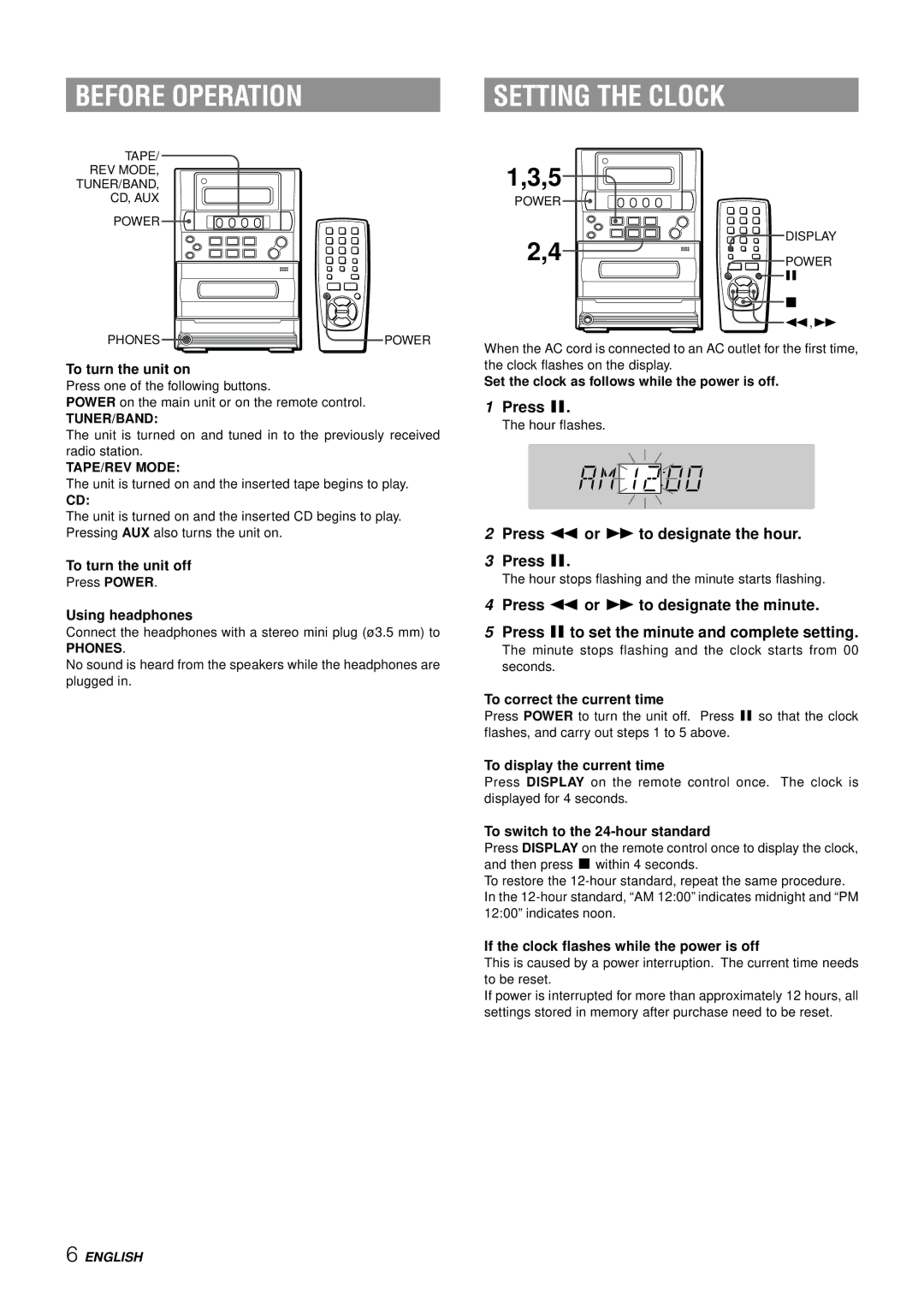 Aiwa LCX-357 manual Before Operation, Setting the Clock, Press f or g to designate the hour Press a 