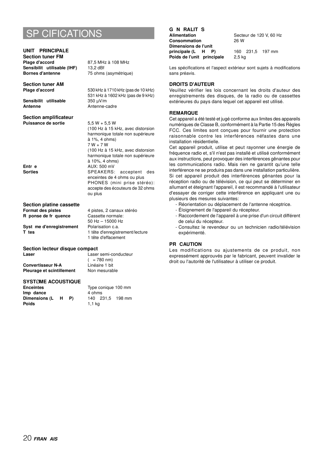 Aiwa LCX-357 manual Spécifications 