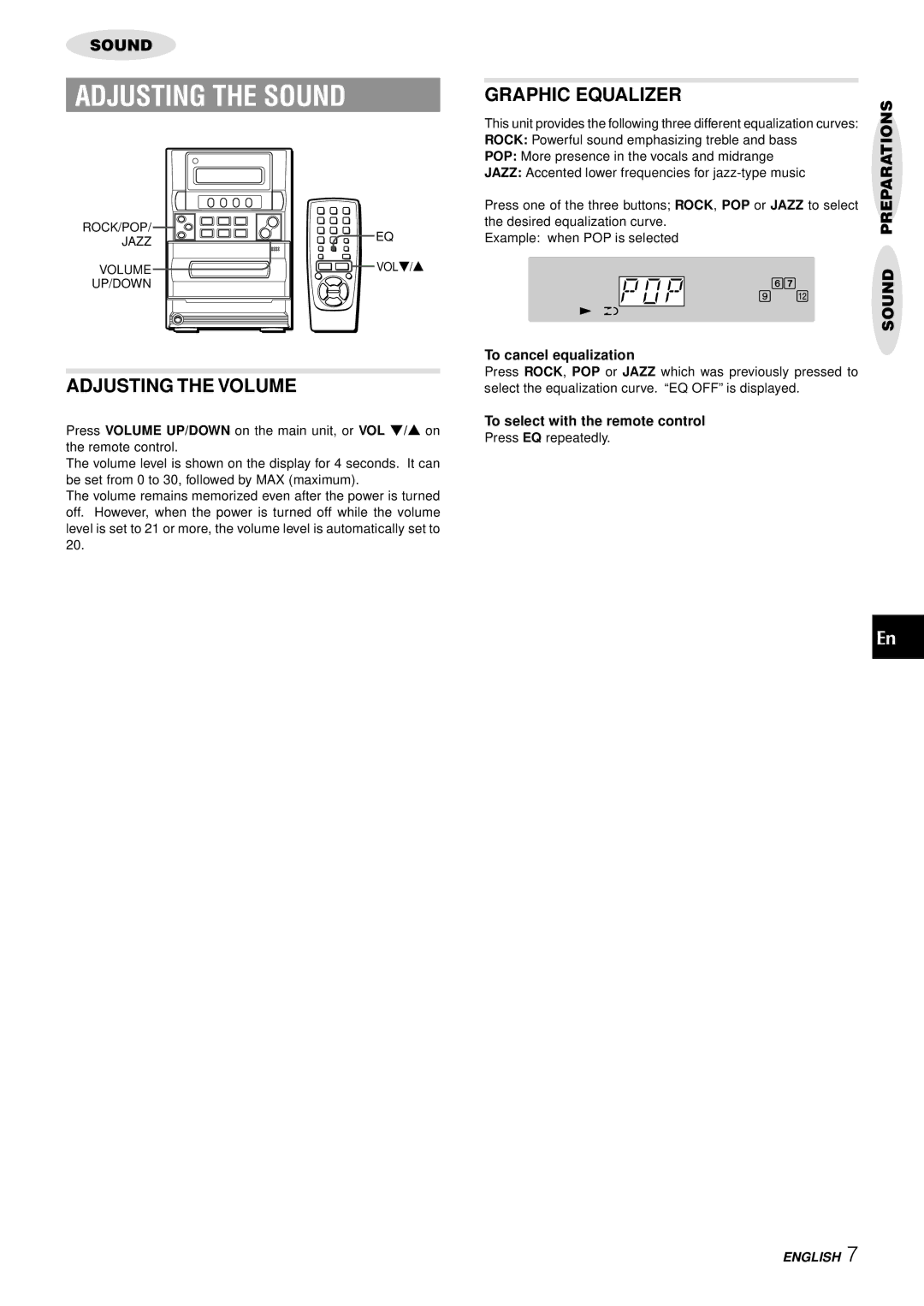 Aiwa LCX-357 manual Adjusting the Sound, Adjusting the Volume, Graphic Equalizer, To cancel equalization 