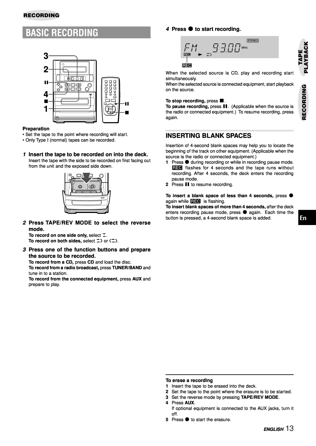 Aiwa LCX-357 manual Basic Recording, Inserting Blank Spaces, 1Insert the tape to be recorded on into the deck, Preparation 