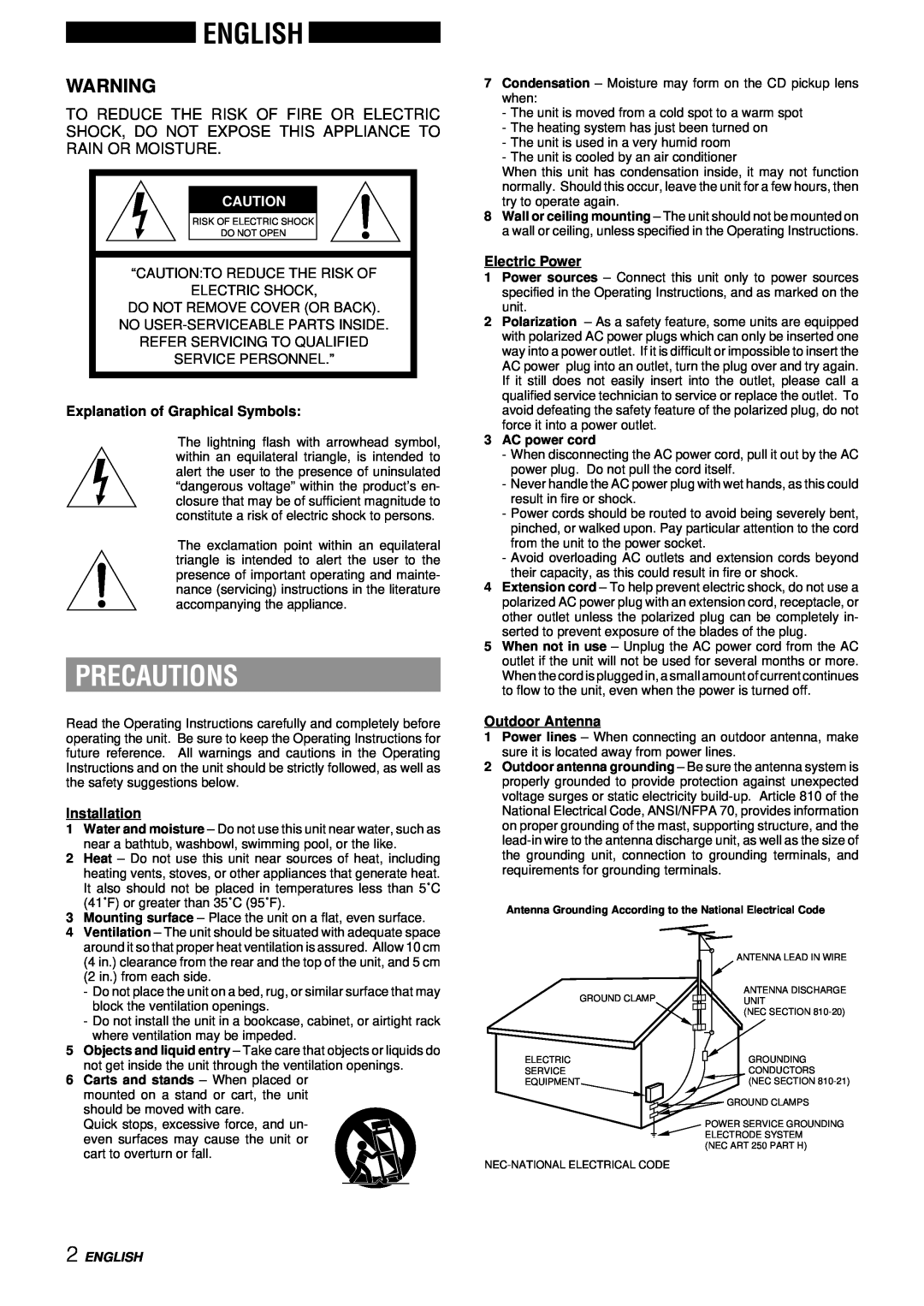 Aiwa LCX-357 manual English, Precautions, “Caution To Reduce The Risk Of, Do Not Remove Cover Or Back, Service Personnel.” 