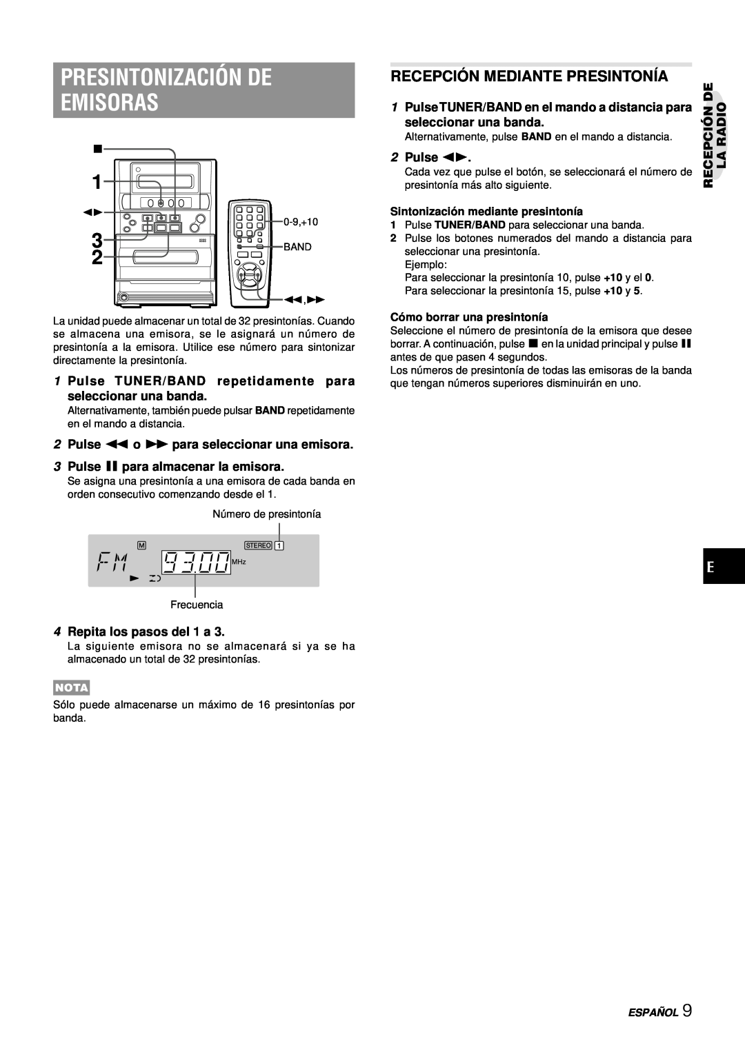 Aiwa LCX-357 Presintonización De Emisoras, Recepció N Mediante Presintonía, 3Pulse a para almacenar la emisora, 2Pulse d 
