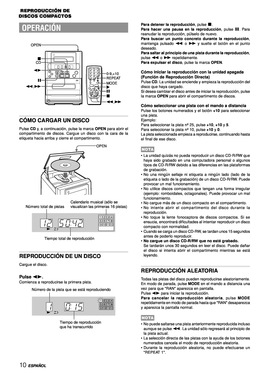 Aiwa LCX-357 manual Operación, Có Mo Cargar Un Disco, Reproducció N De Un Disco, Reproducció N Aleatoria, Pulse d 
