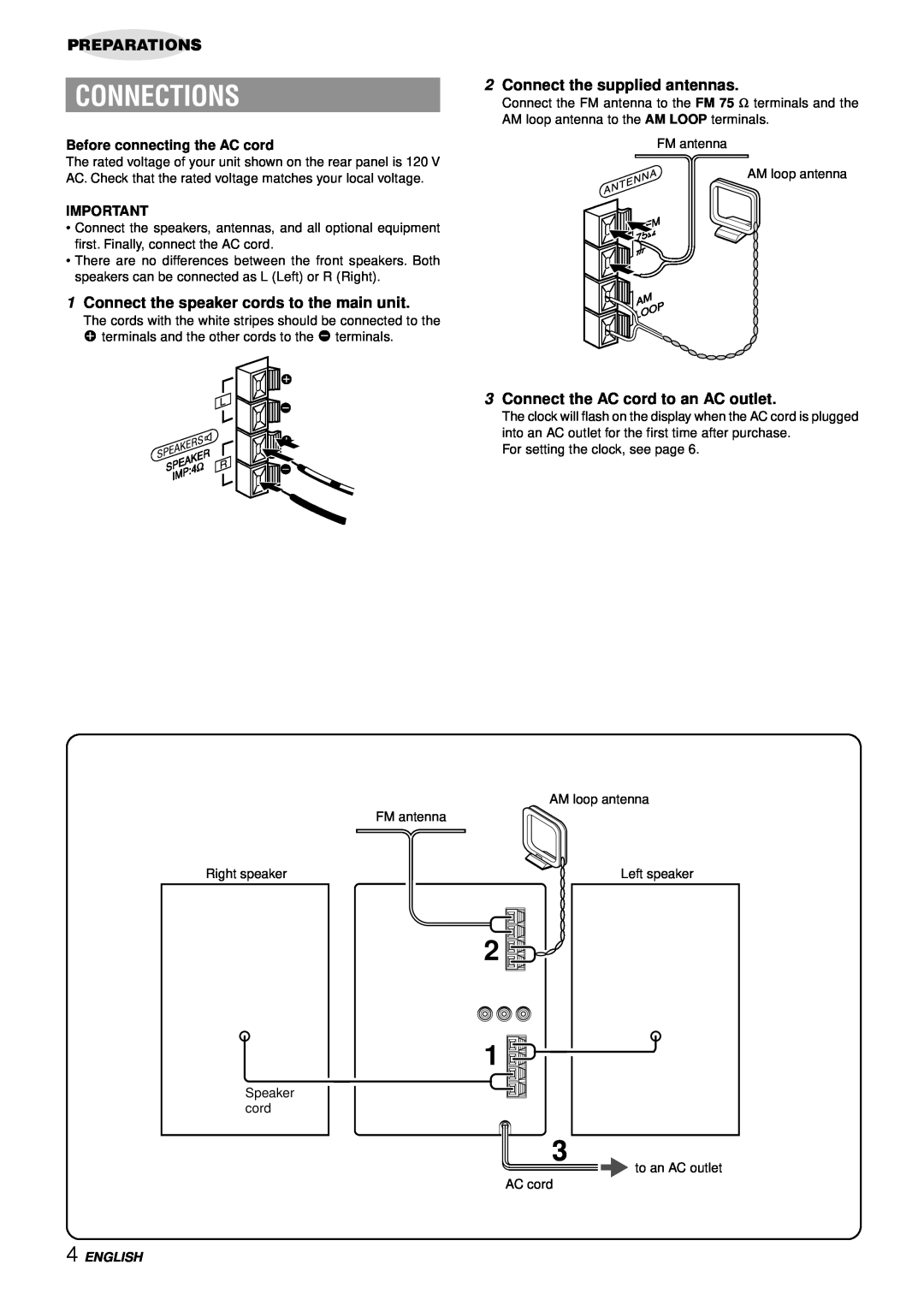 Aiwa LCX-357 manual Connections, 1Connect the speaker cords to the main unit, 2Connect the supplied antennas, English 