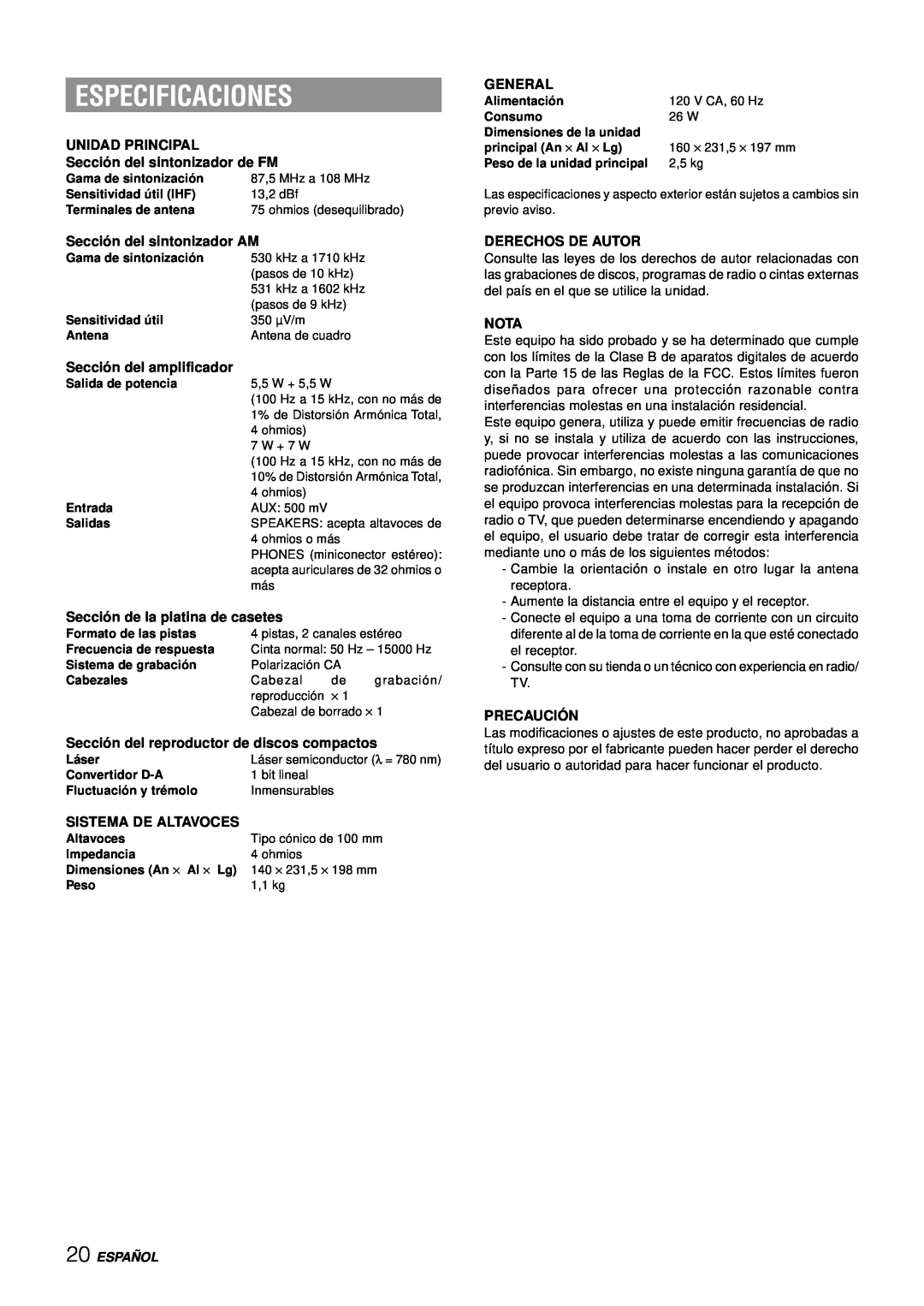 Aiwa LCX-357 manual Especificaciones, UNIDAD PRINCIPAL Secció n del sintonizador de FM, Secció n del sintonizador AM, Nota 