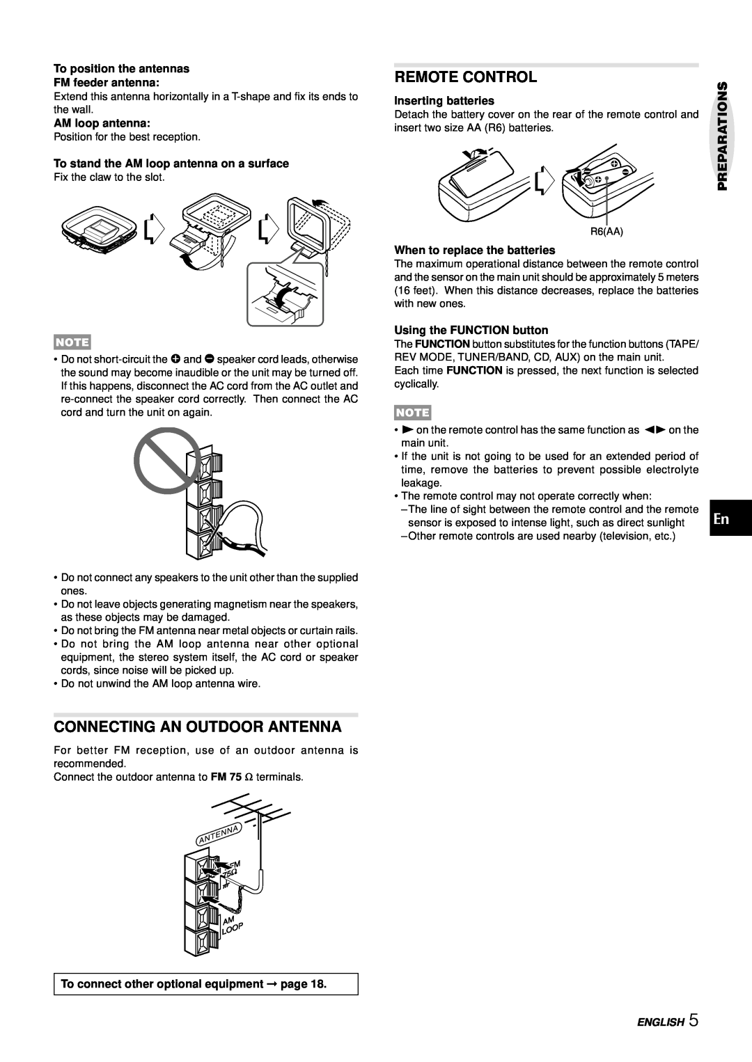 Aiwa LCX-357 Connecting An Outdoor Antenna, Remote Control, To position the antennas FM feeder antenna, AM loop antenna 