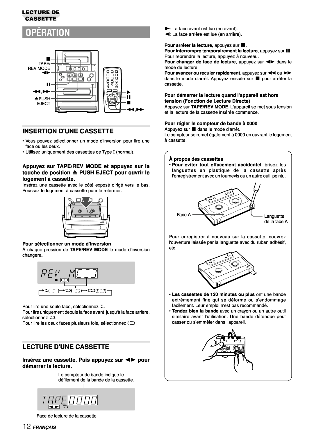 Aiwa LCX-357 manual Insertion Dune Cassette, Lecture Dune Cassette, Opération, Lecture De Cassette 