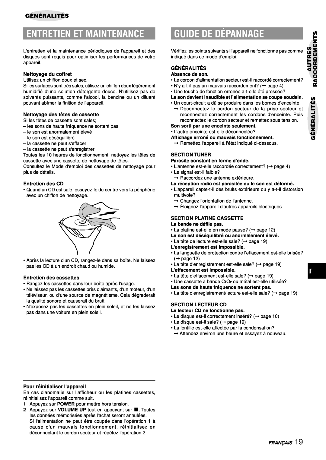 Aiwa LCX-357 Guide De Dépannage, Entretien Et Maintenance, Généralités, Nettoyage du coffret, Entretien des CD, Franç Ais 