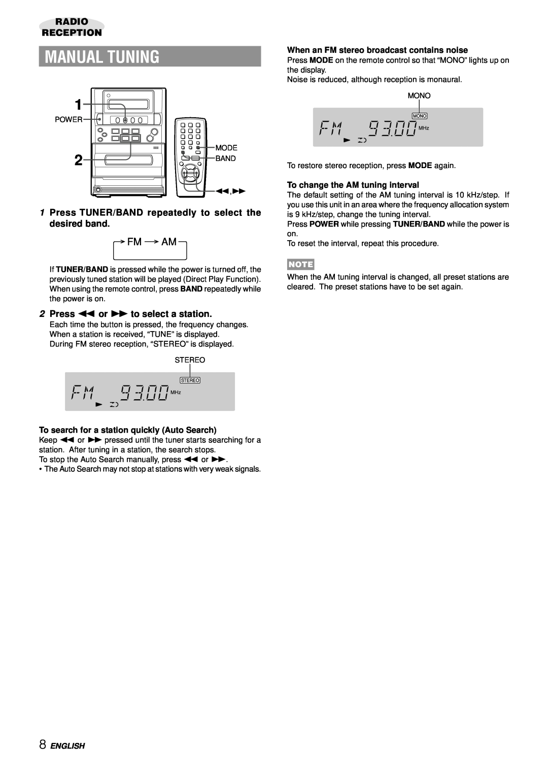 Aiwa LCX-357 Manual Tuning, Fm Am, 2Press f or g to select a station, To search for a station quickly Auto Search, English 