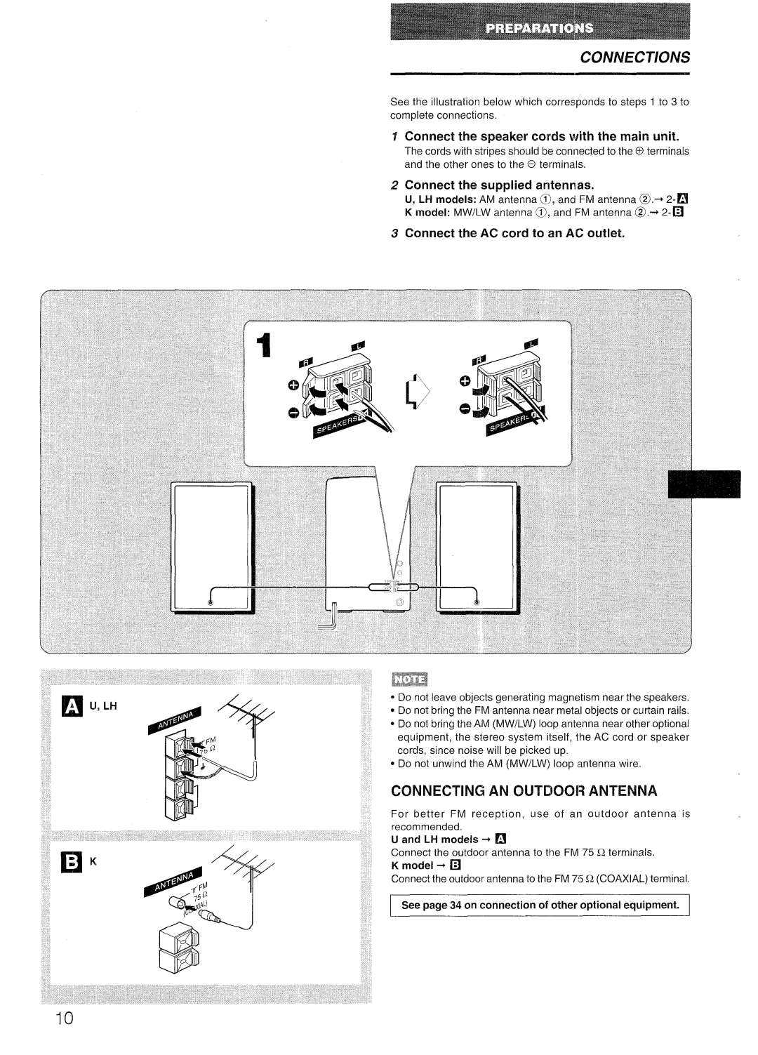 Aiwa LCX=300, LCX-301 Connecting AN OUTDOOI? Antenna, Connect the supplied antennas, Connect the AC cord to an AC outlet 