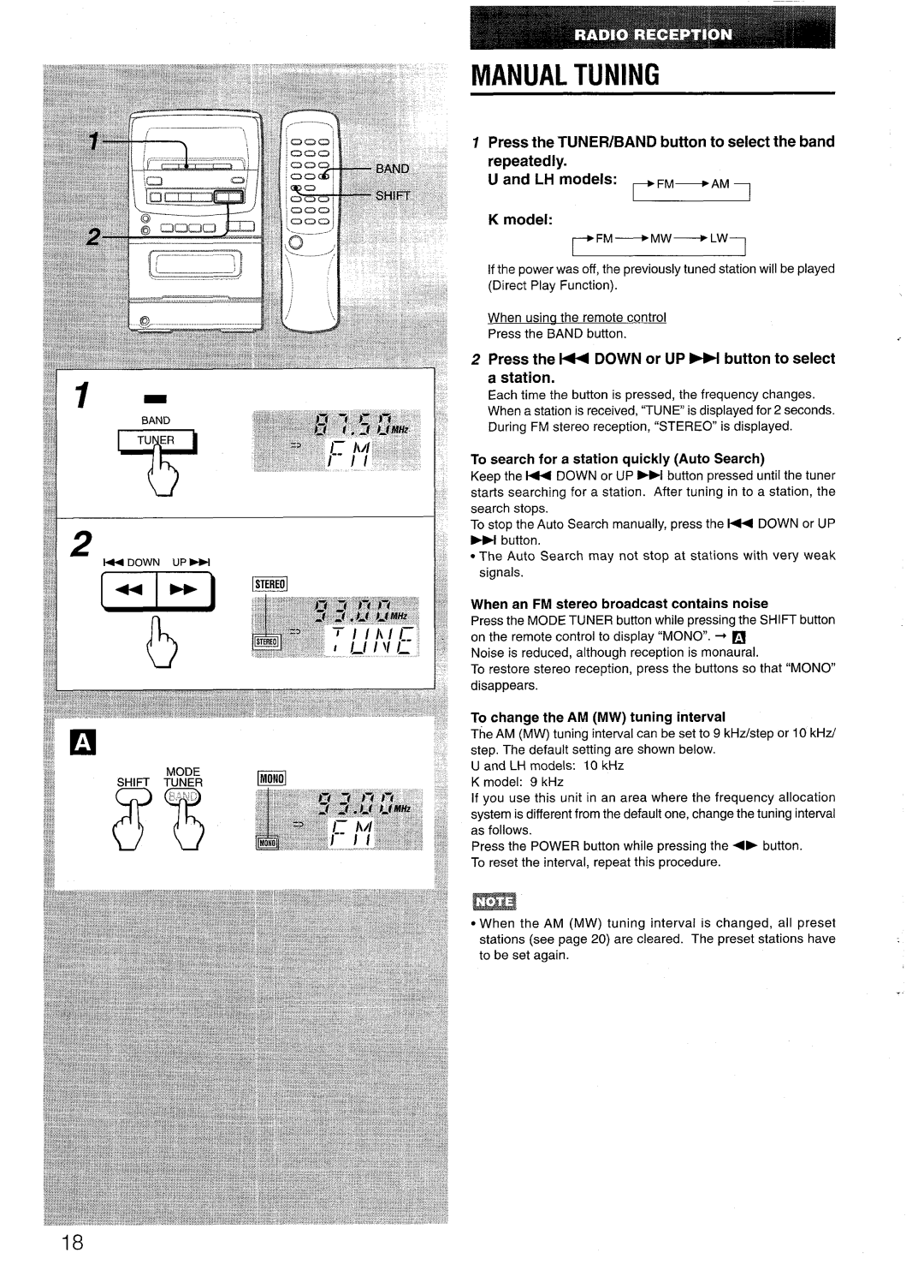 Aiwa LCX=300, LCX-301 manual Manual Tuning, ~M~Am, Model, Press the K Down or UP W button to select Station 