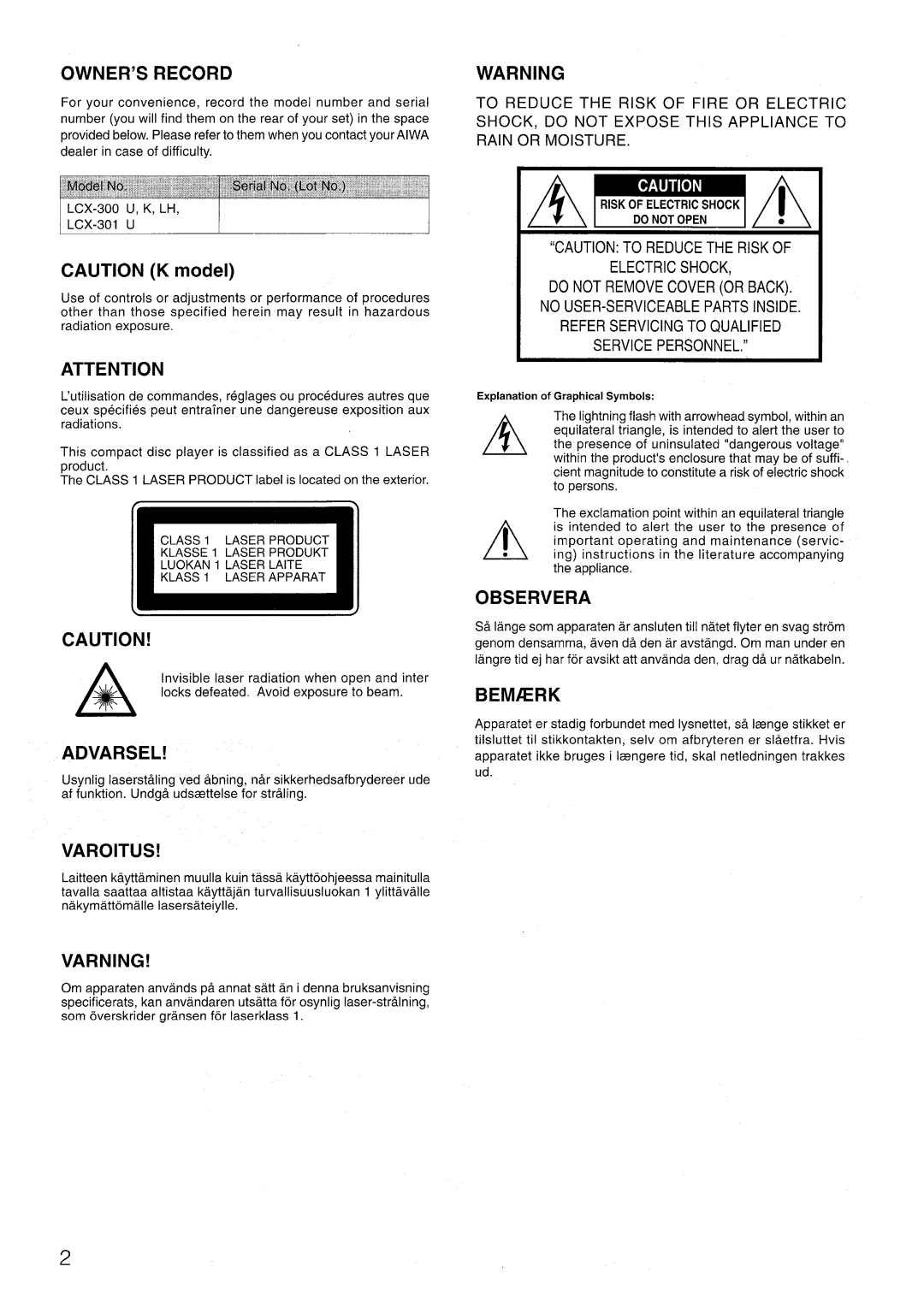 Aiwa LCX=300, LCX-301 manual OWNER’S Record, Varoitus, Varning, Observera, BEMtERK 