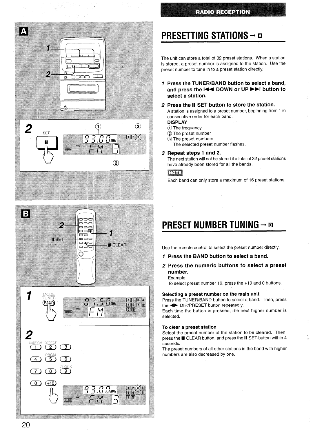 Aiwa LCX=300 manual Presetting Stations + EI, Preset Number Tuning + EI, Display, Repeat steps 1, To clear a preset station 