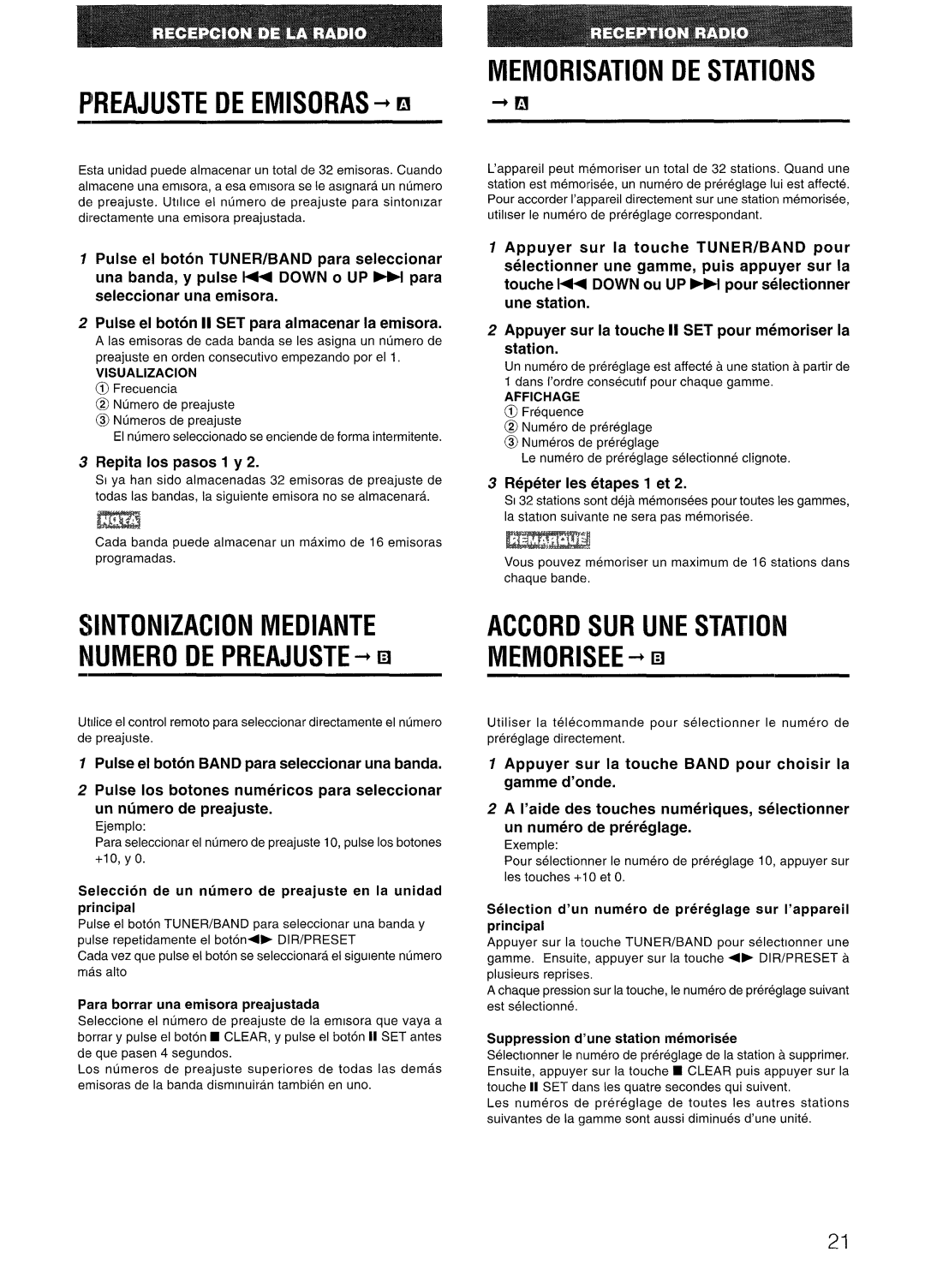 Aiwa LCX-301, LCX=300 Memorisation DE Stations, ’REAJUSTE DE Emisoras + EI, Sintonizacion Mediante Numero DE PREAJUSTE+ 