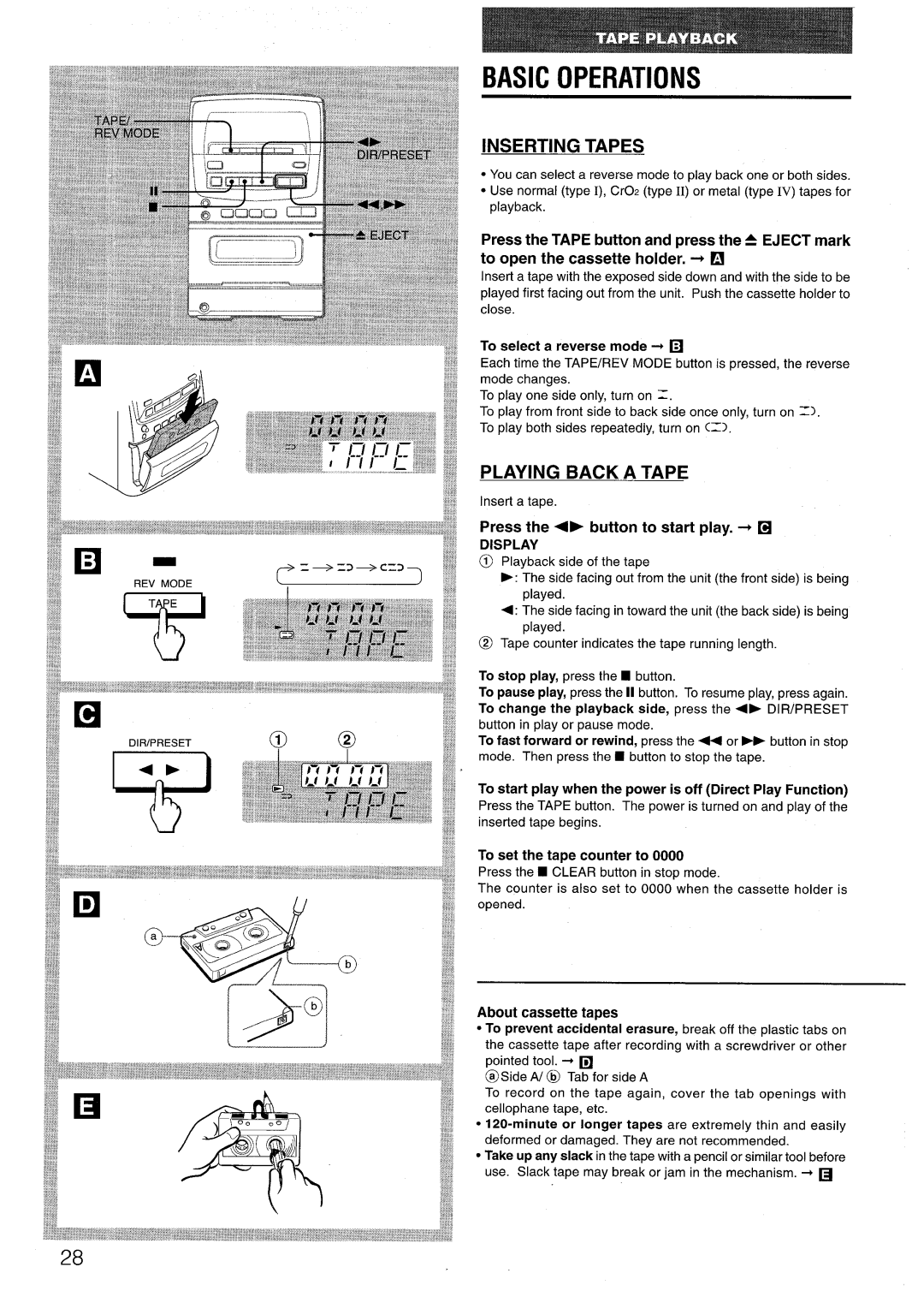 Aiwa LCX=300, LCX-301 manual Inserting Tapes, Playing Back a Tape, Press Button to start play. -+, About cassette tapes 