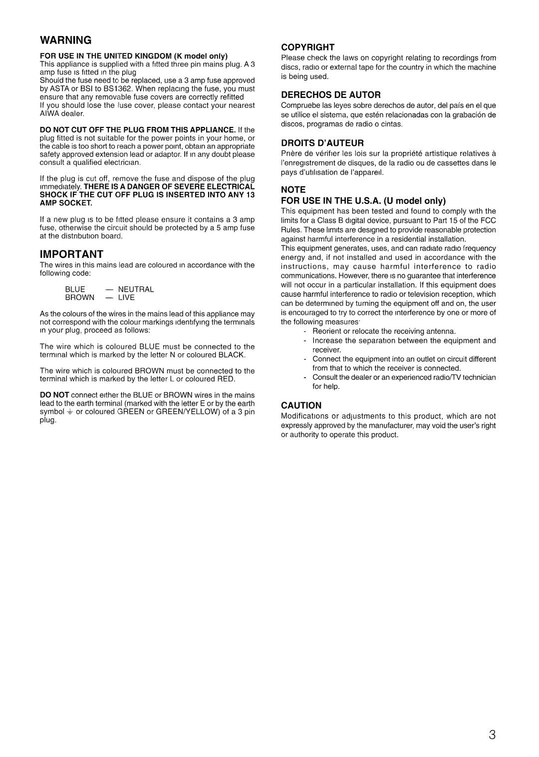 Aiwa LCX-301, LCX=300 manual Copyright, Derechos DE Autor, Droits D’AUTEUR, For USE in the U.S.A. U model only 