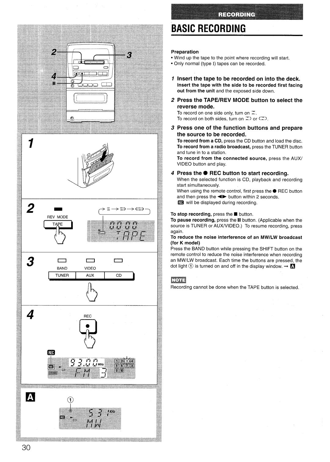 Aiwa LCX=300 Basic Recording, Insert the tape to be recorded on into the deck, Press the REC button to start recording 