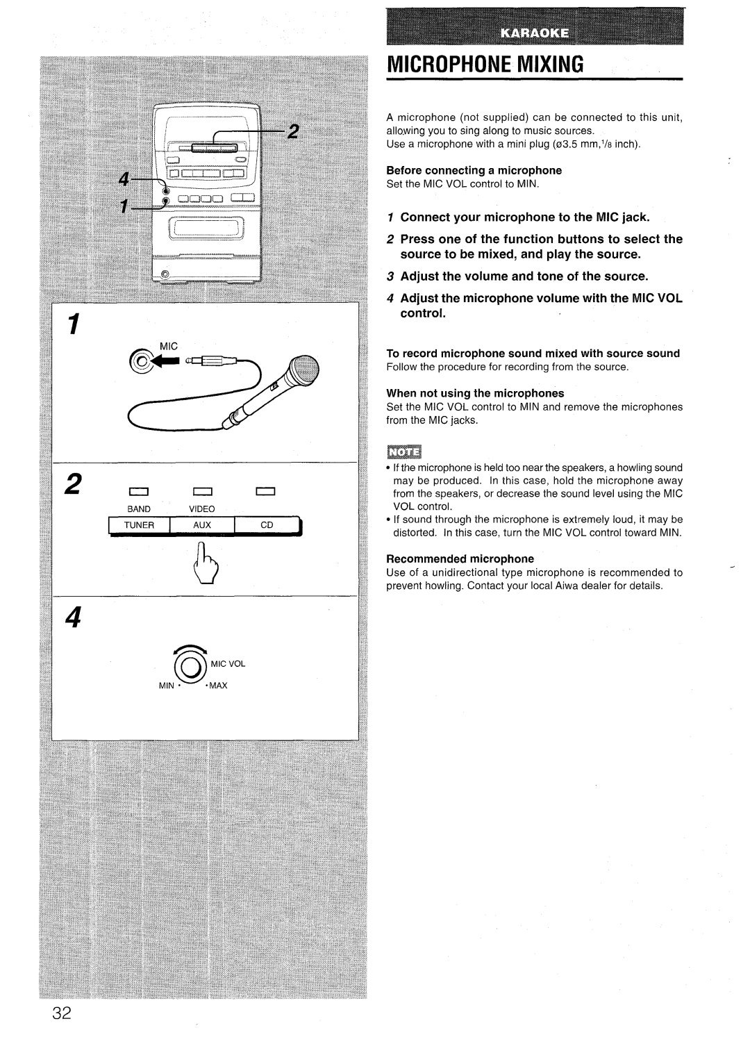 Aiwa LCX=300, LCX-301 manual Microphone Mixing, Before connecting a microphone, Min, Recommended Microphone 