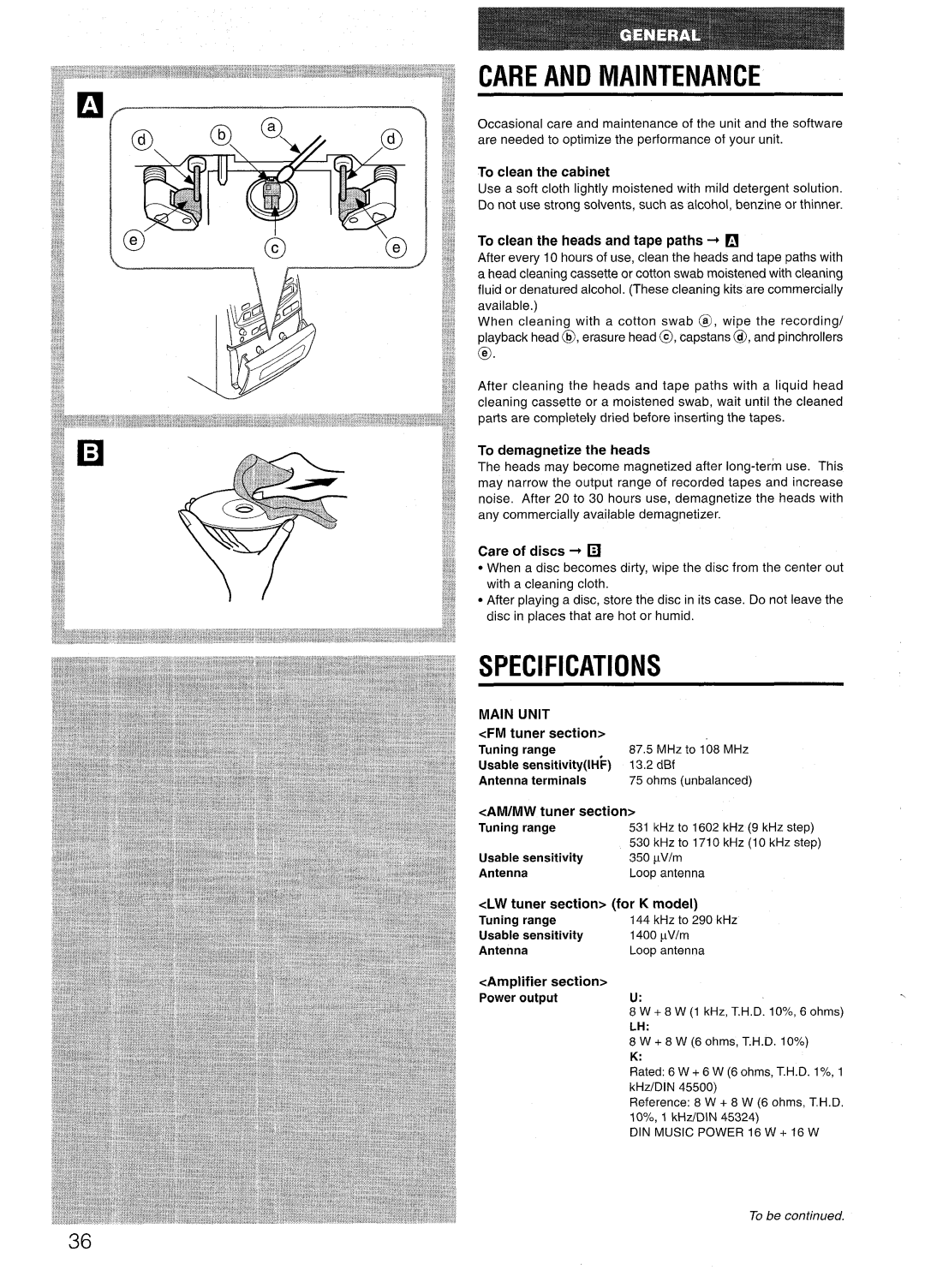 Aiwa LCX=300, LCX-301 manual Care and Maintenance, Specifications, Main Unit 