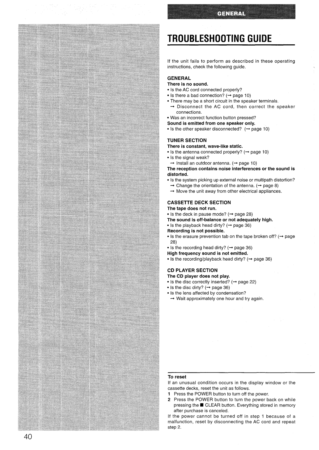 Aiwa LCX=300, LCX-301 manual Troubleshooting Guide, Tuner Section, Cassette Deck Section, CD Player Section 