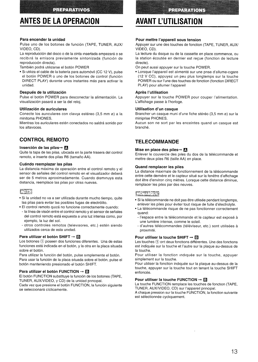 Aiwa LCX-301 manual Antes De La Operacion, Avant L’Utilisation, Control Remoto, Telecommande, E??J, Para encender la unidad 