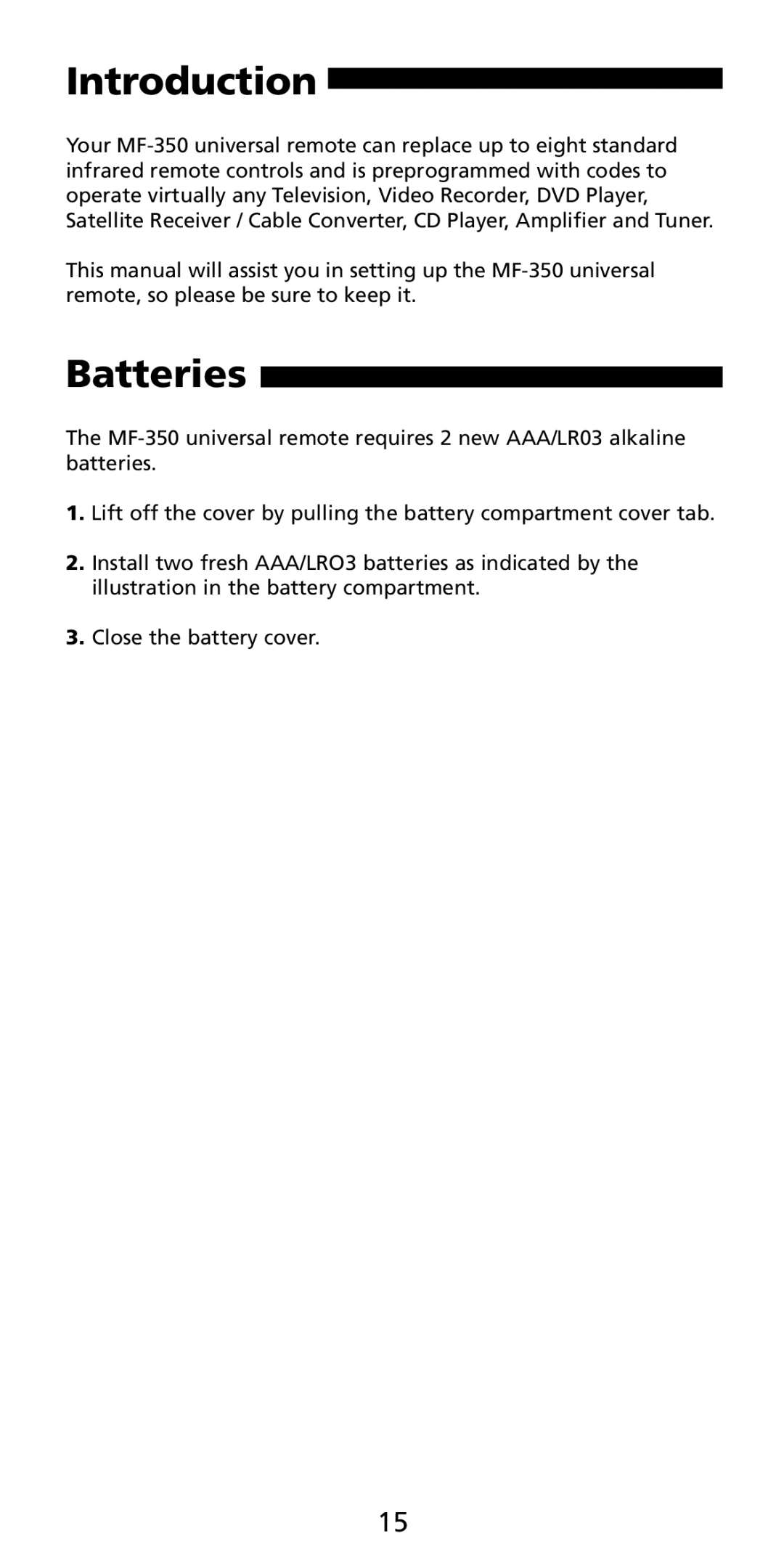 Aiwa MF-350 manual Introduction, Batteries 