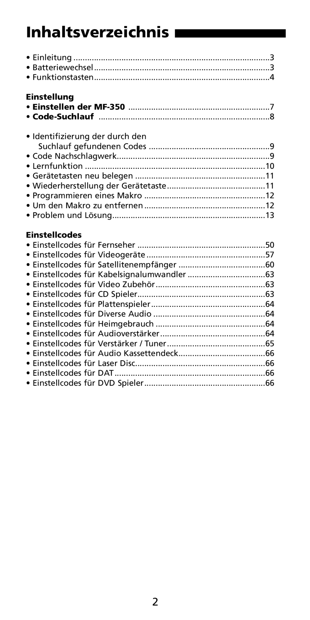 Aiwa MF-350 manual Inhaltsverzeichnis, Einstellung, Einstellcodes 