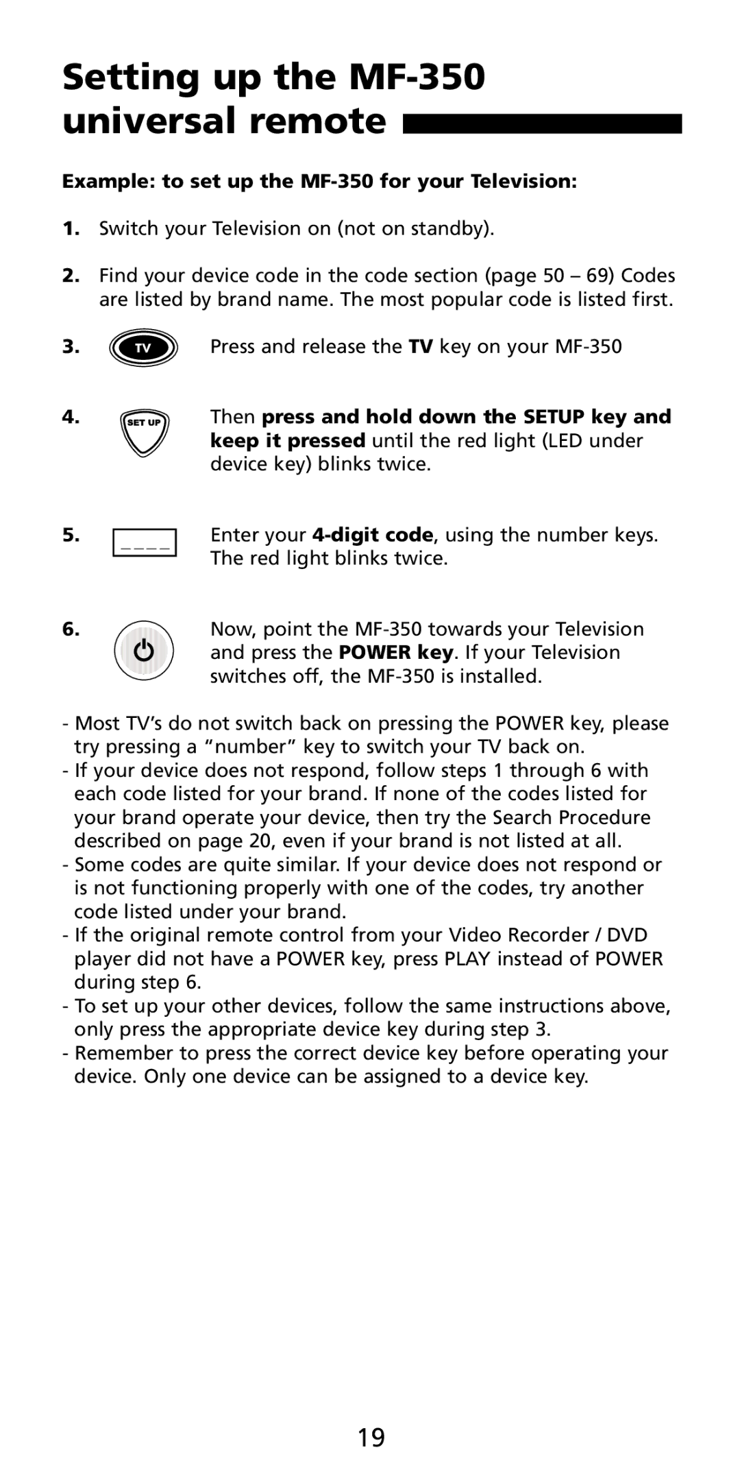 Aiwa manual Setting up the MF-350 universal remote, Example to set up the MF-350 for your Television 