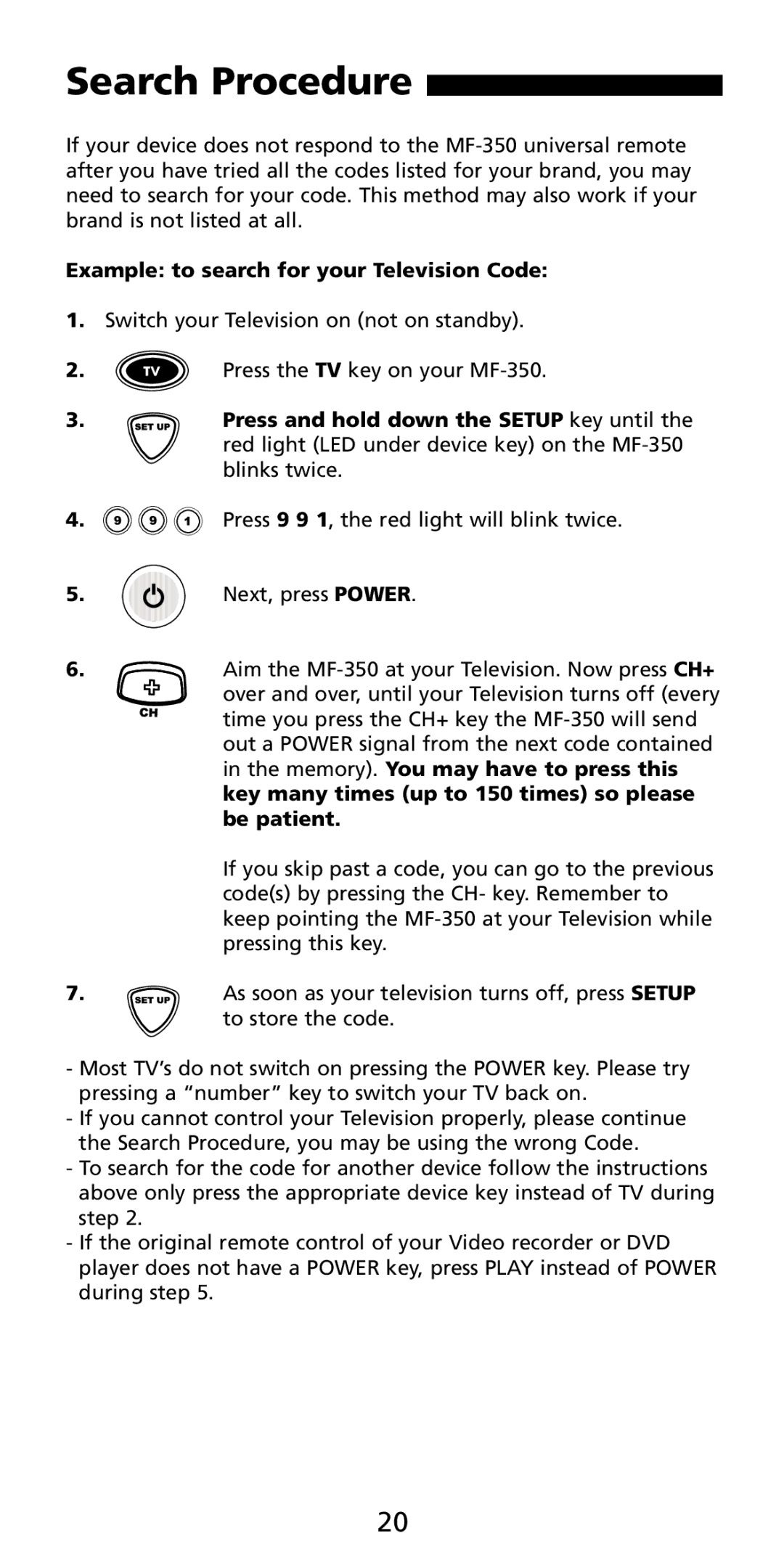 Aiwa MF-350 manual Search Procedure, Example to search for your Television Code 