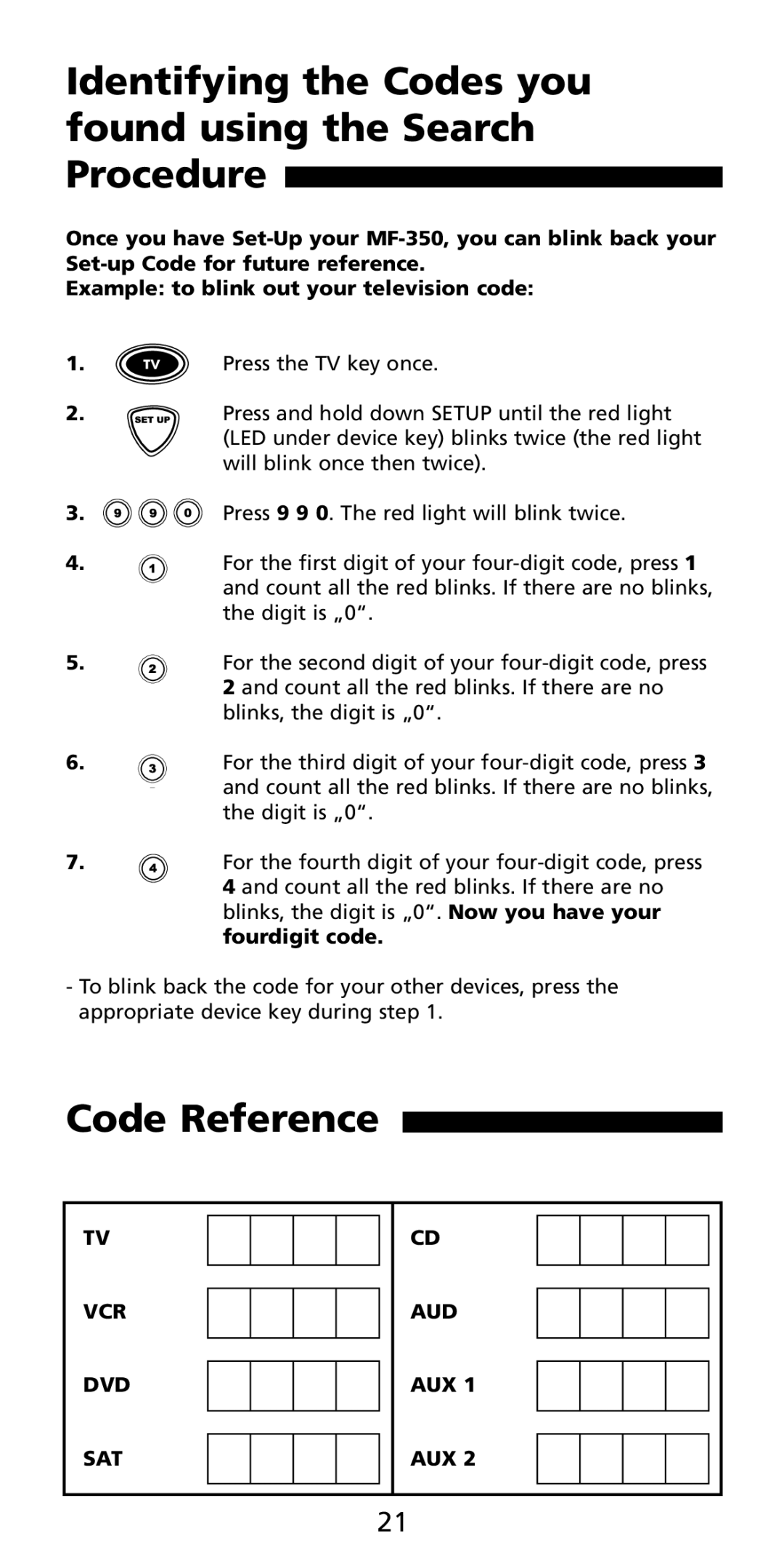 Aiwa MF-350 manual Identifying the Codes you found using the Search Procedure, Code Reference 