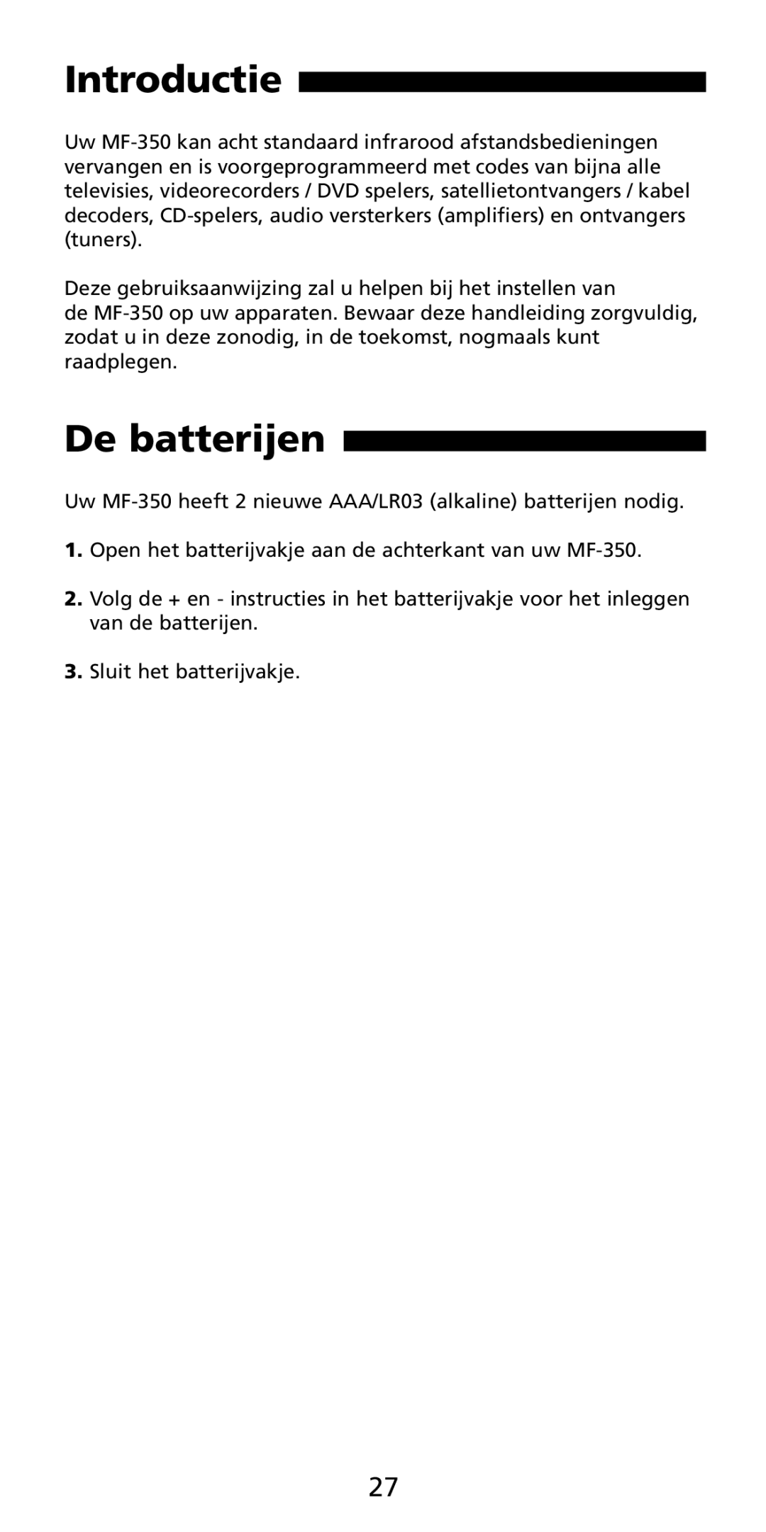 Aiwa MF-350 manual Introductie, De batterijen 