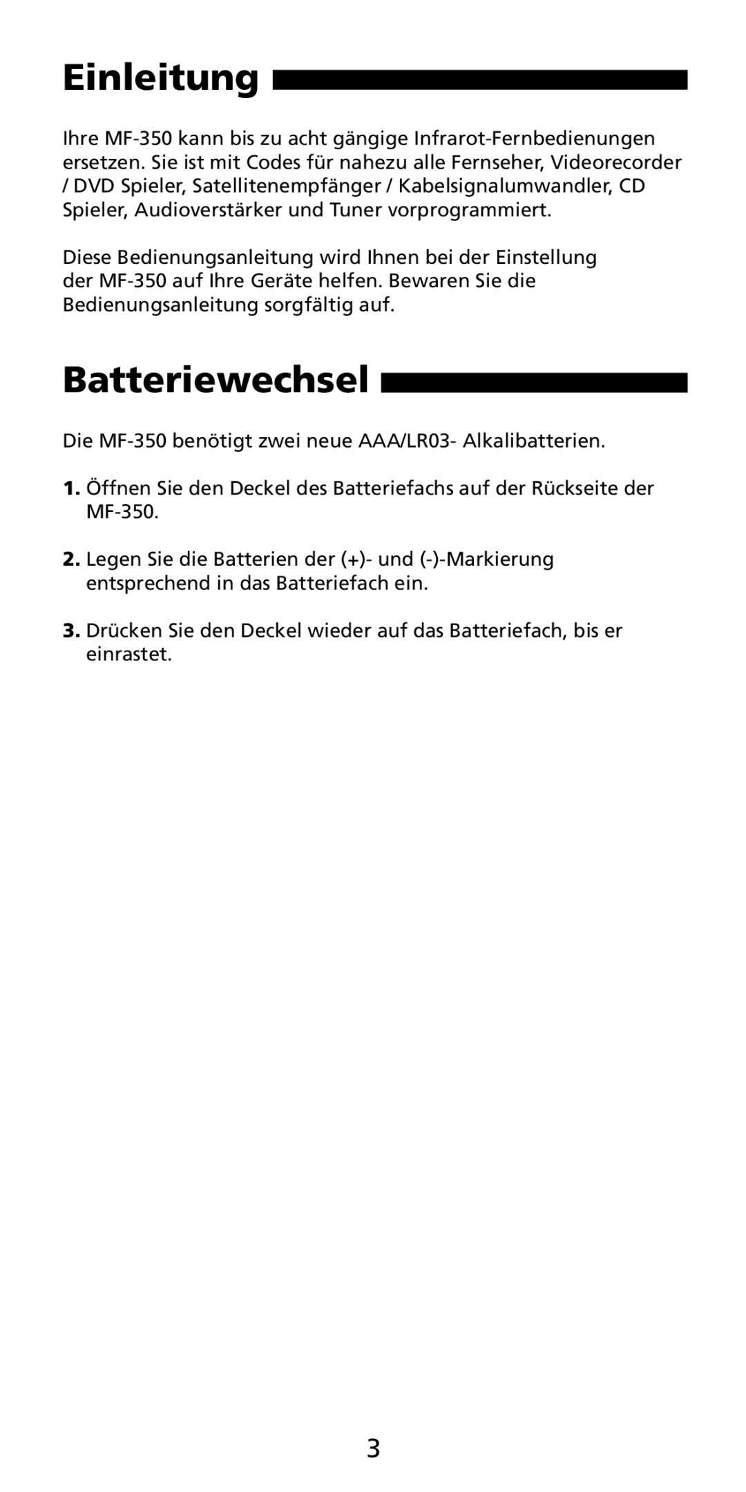 Aiwa MF-350 manual Einleitung, Batteriewechsel 