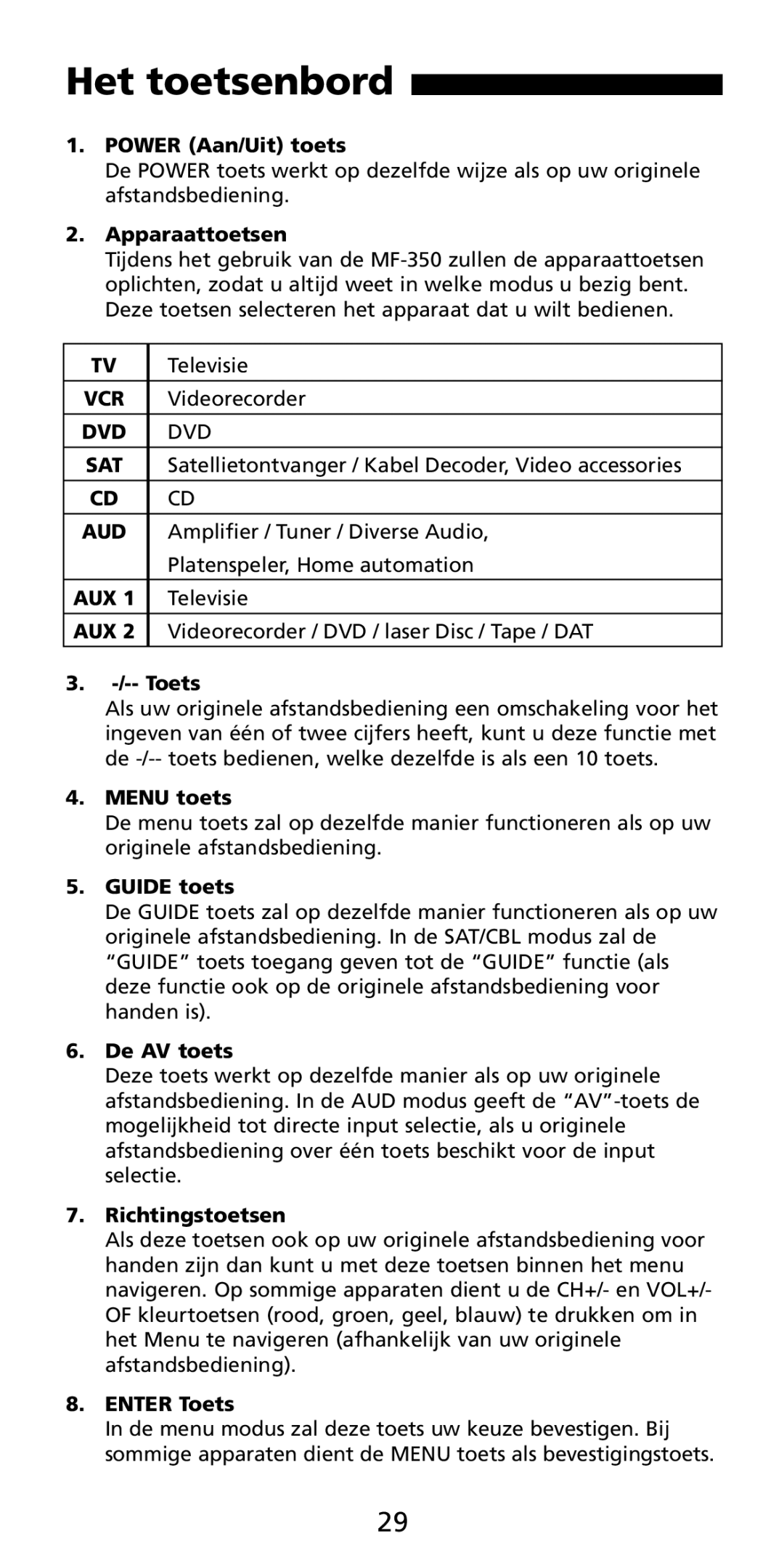 Aiwa MF-350 manual Power Aan/Uit toets, Apparaattoetsen, Toets, Menu toets, Guide toets, De AV toets, Richtingstoetsen 