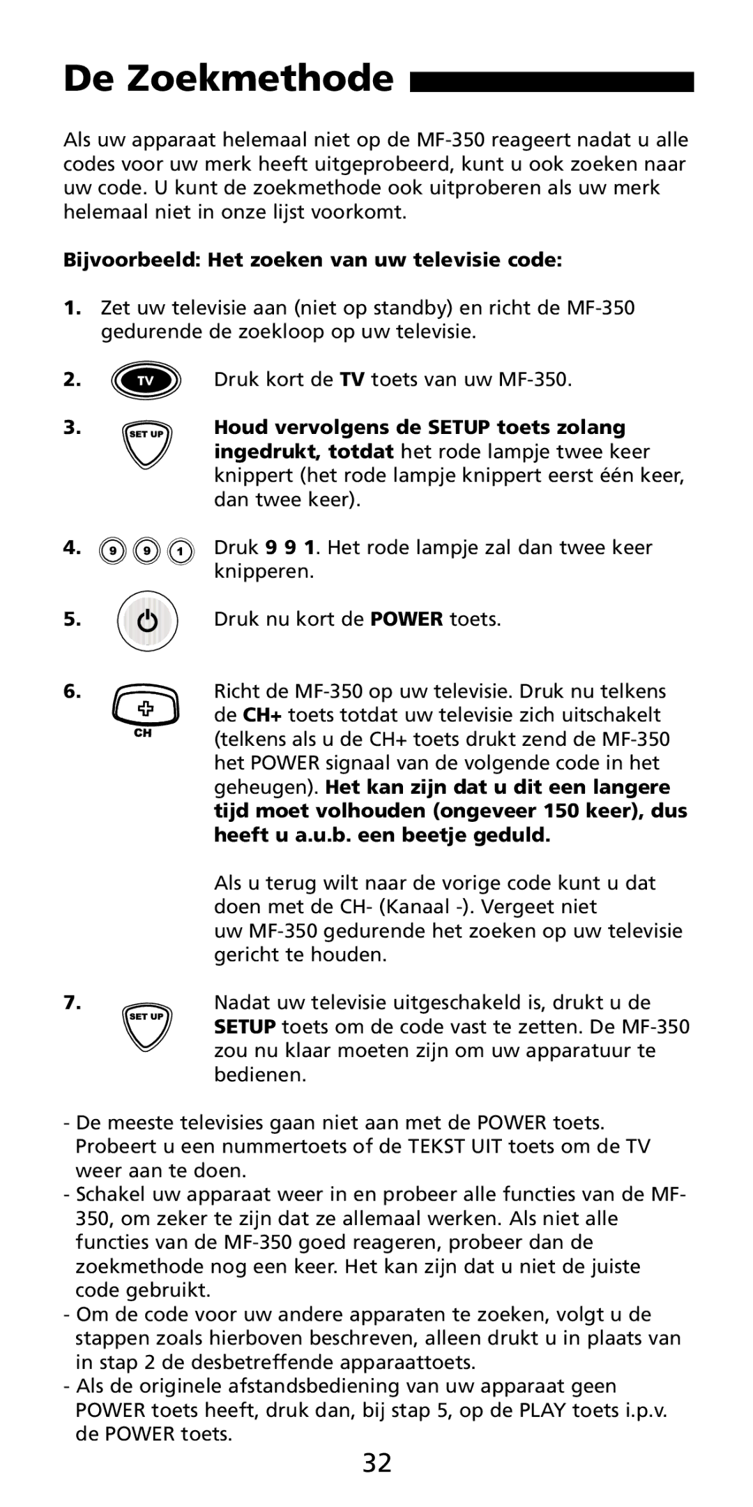 Aiwa MF-350 manual De Zoekmethode, Bijvoorbeeld Het zoeken van uw televisie code 