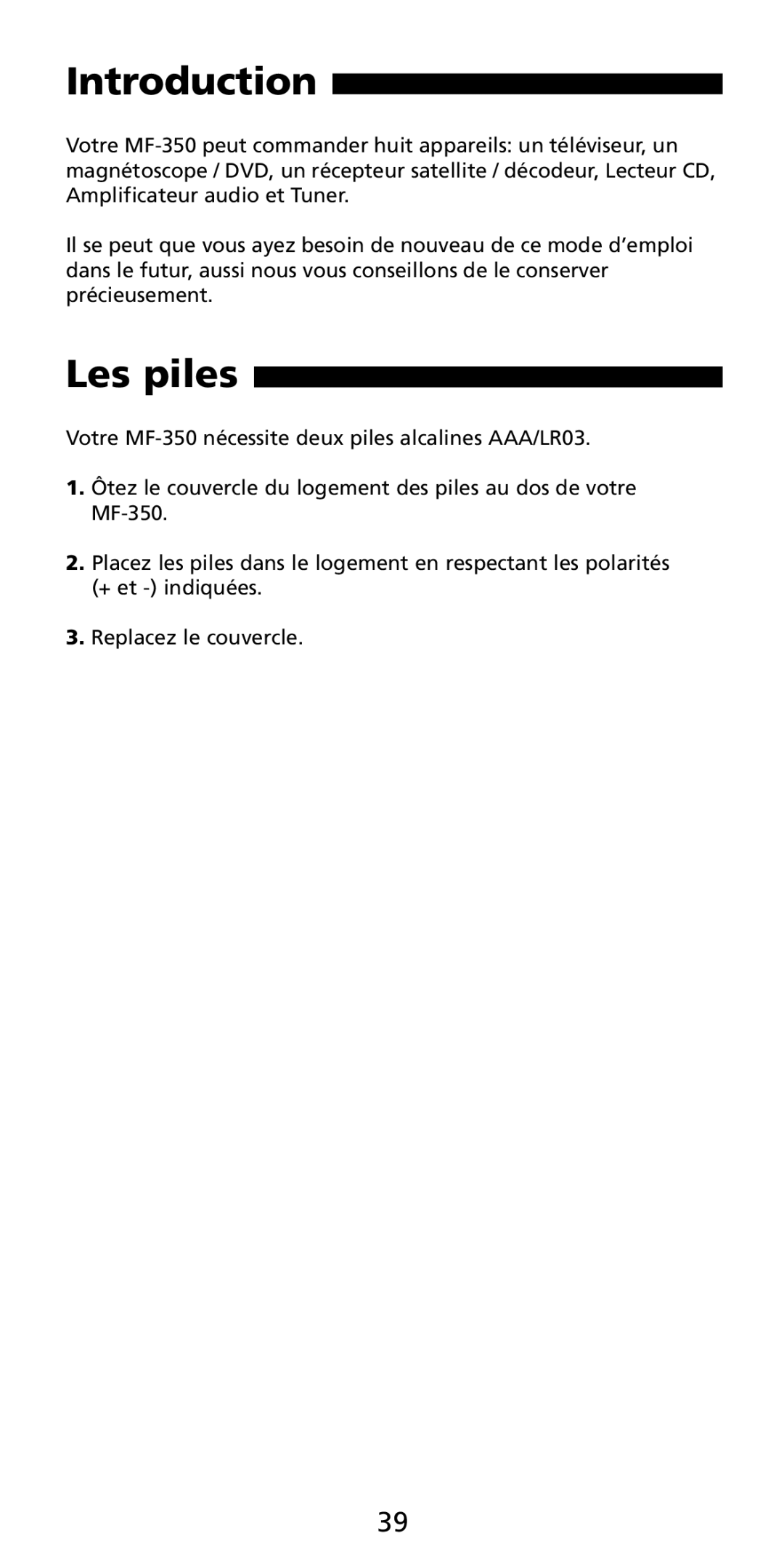 Aiwa MF-350 manual Introduction, Les piles 