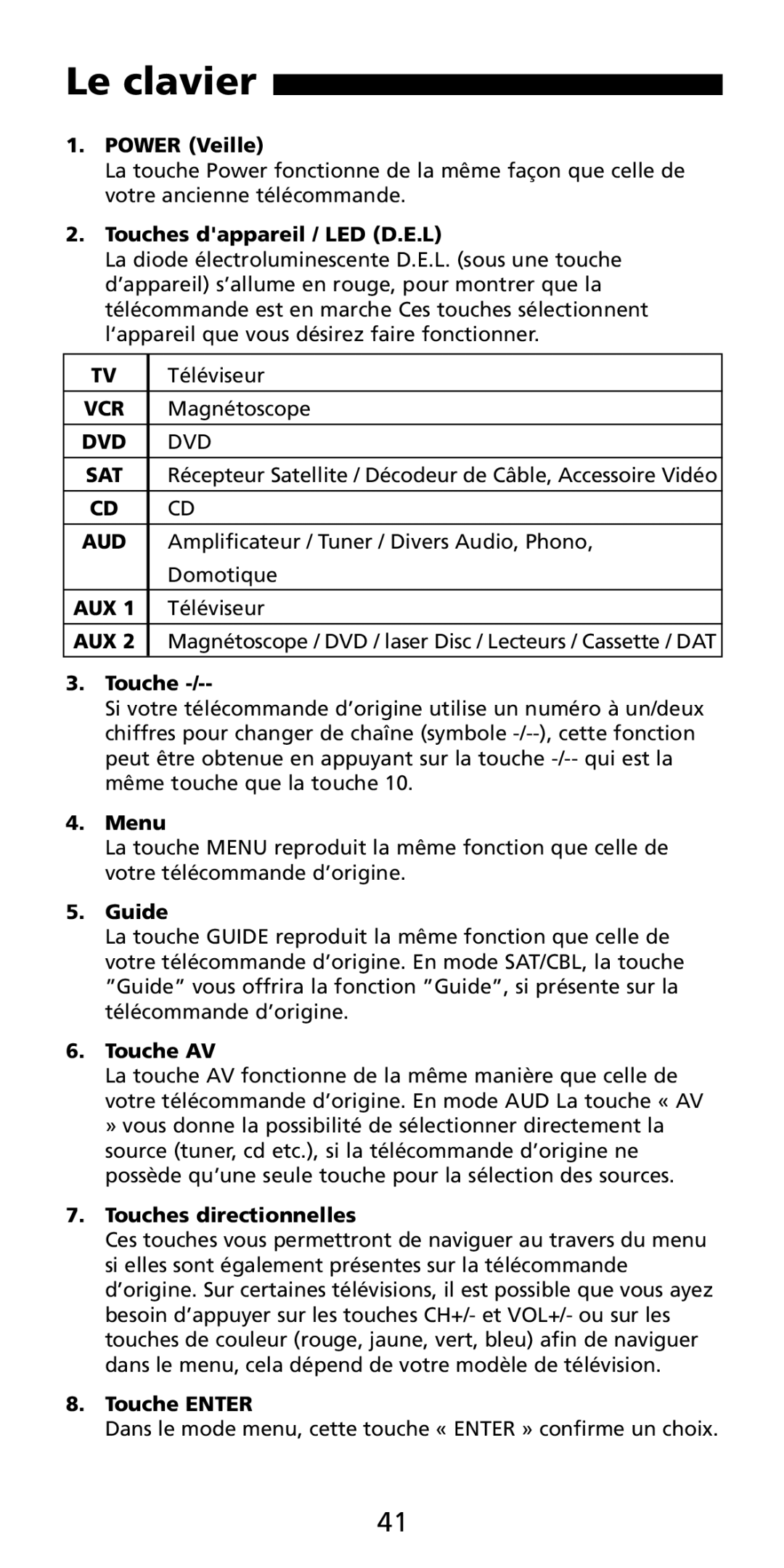 Aiwa MF-350 Power Veille, Touches dappareil / LED D.E.L, Menu, Guide, Touche AV, Touches directionnelles, Touche Enter 