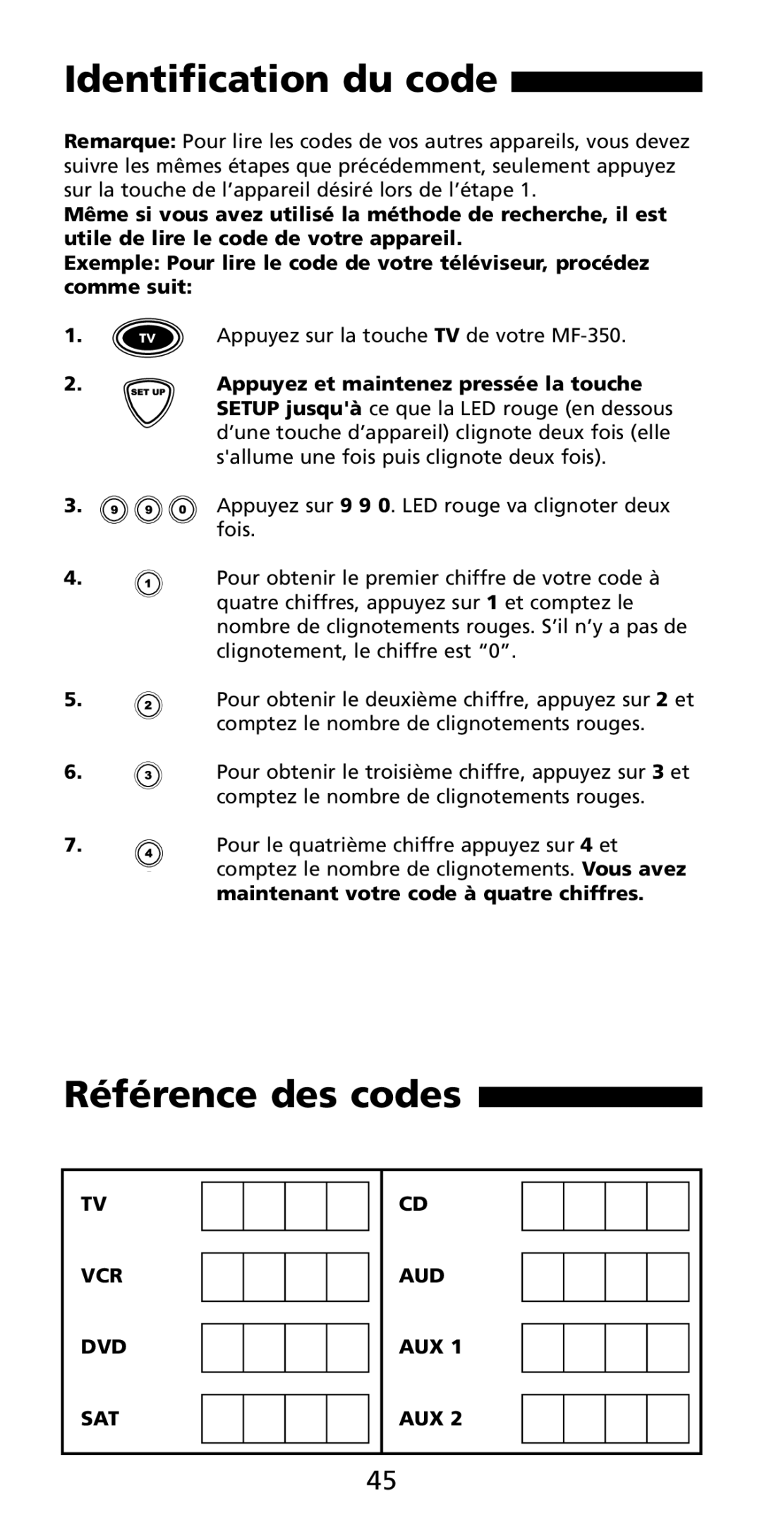 Aiwa MF-350 manual Identification du code, Référence des codes 