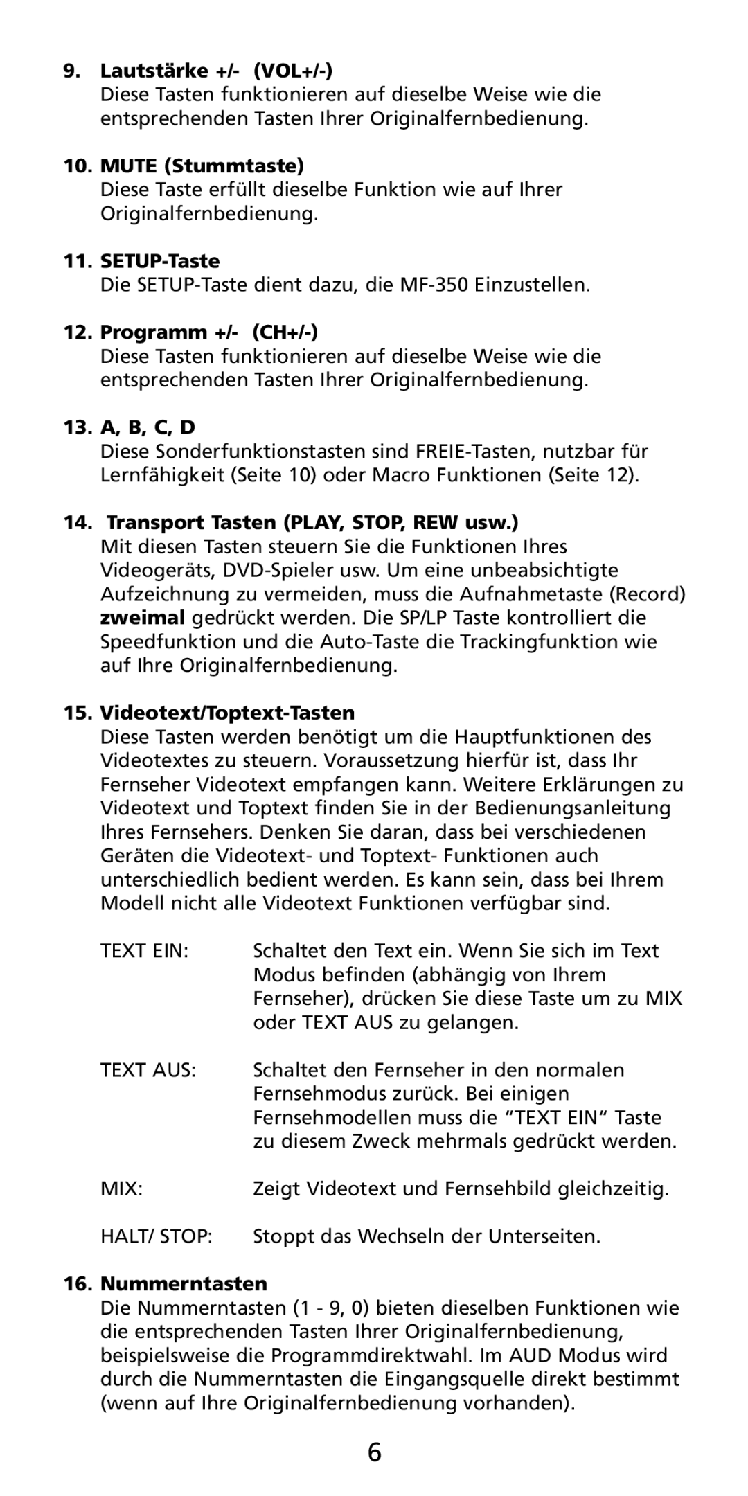 Aiwa MF-350 Lautstärke +/- VOL+, Mute Stummtaste, SETUP-Taste, Programm +/- CH+, 13. A, B, C, D, Videotext/Toptext-Tasten 