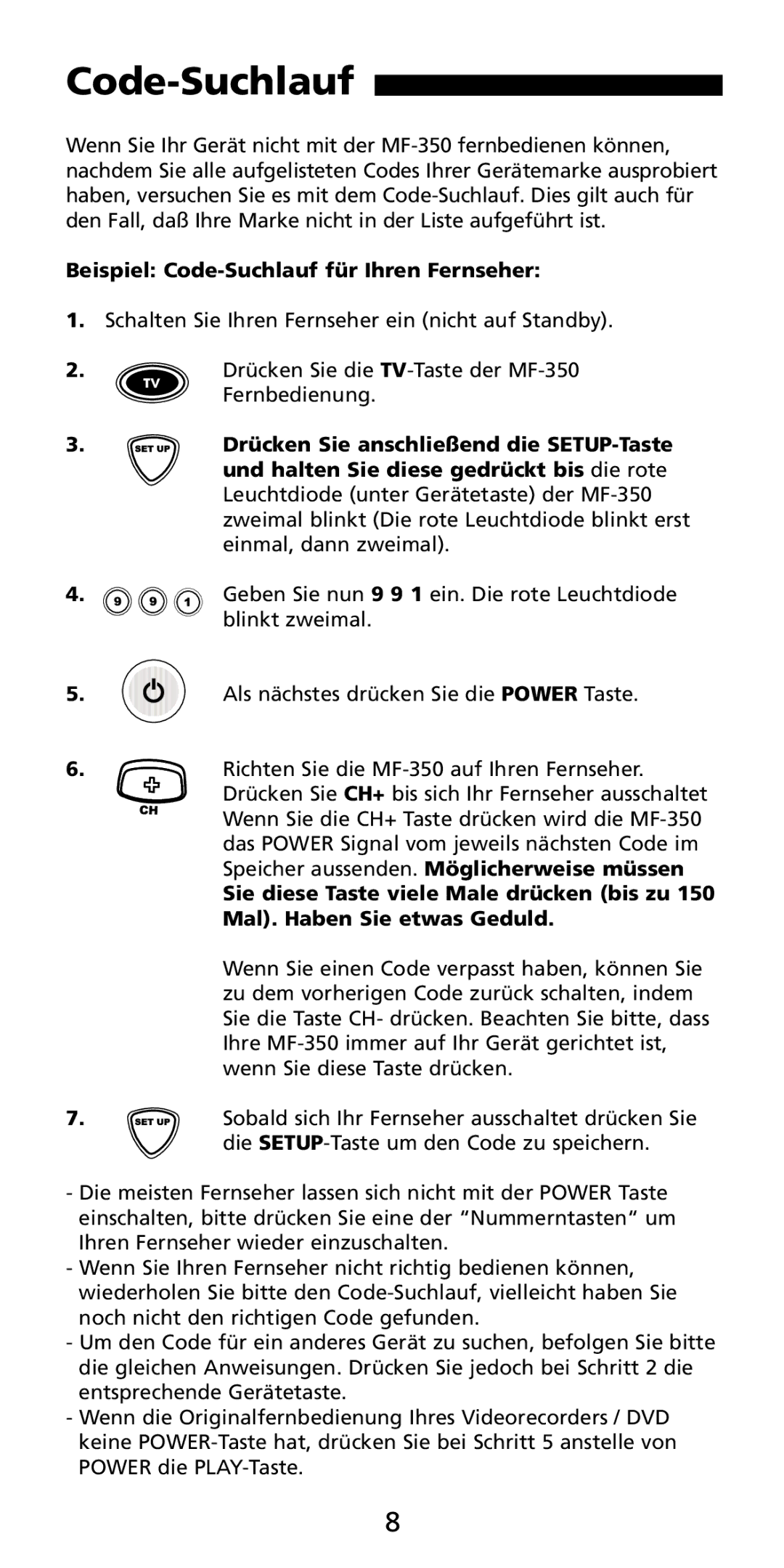 Aiwa MF-350 manual Beispiel Code-Suchlauf für Ihren Fernseher 