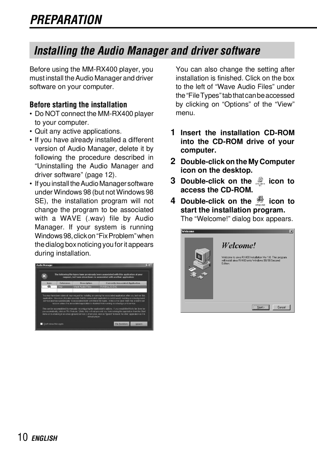 Aiwa MM-RX400 operating instructions Installing the Audio Manager and driver software, Before starting the installation 