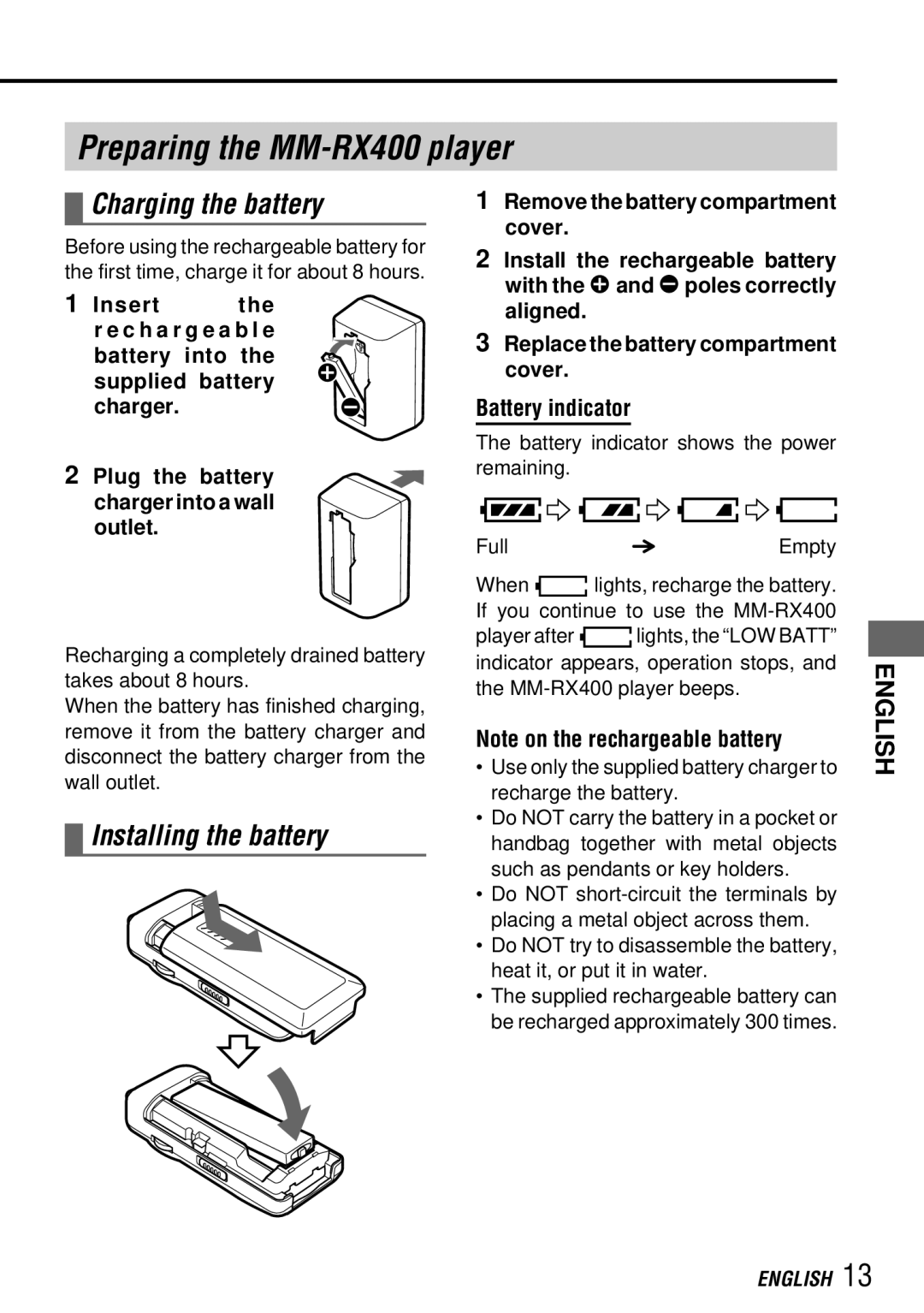 Aiwa Preparing the MM-RX400 player, Charging the battery, Installing the battery, Battery indicator 