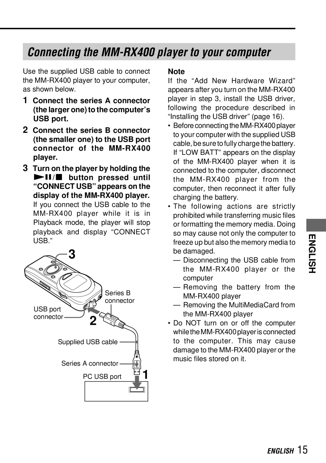 Aiwa operating instructions Connecting the MM-RX400 player to your computer 