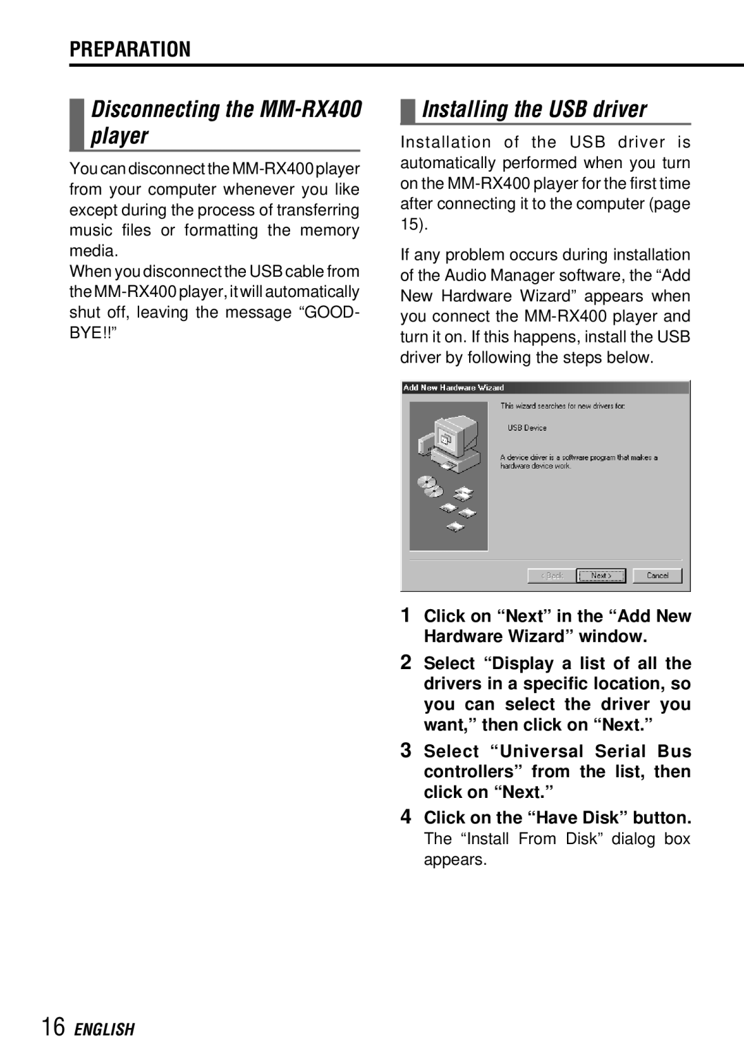 Aiwa operating instructions Disconnecting the MM-RX400 player, Installing the USB driver 