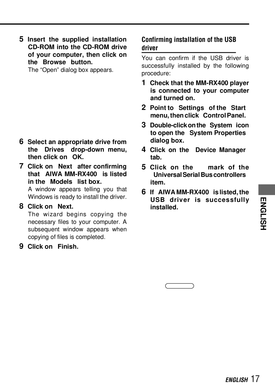 Aiwa MM-RX400 operating instructions Confirming installation of the USB driver, Click on Finish 