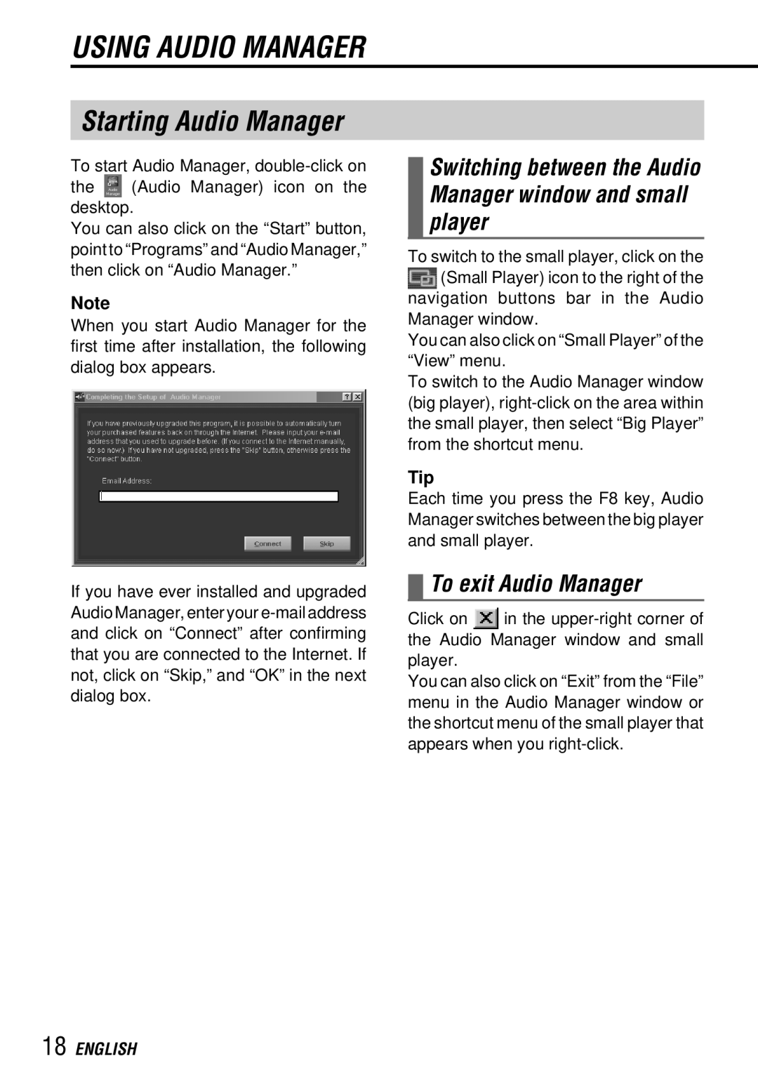 Aiwa MM-RX400 Starting Audio Manager, Switching between the Audio Manager window and small player, To exit Audio Manager 