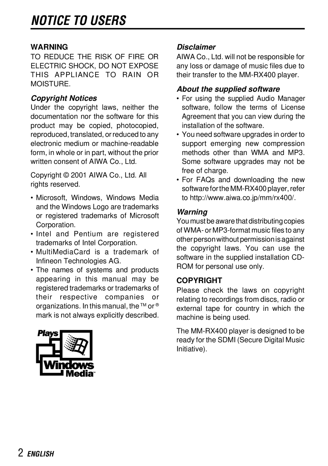 Aiwa MM-RX400 operating instructions English 