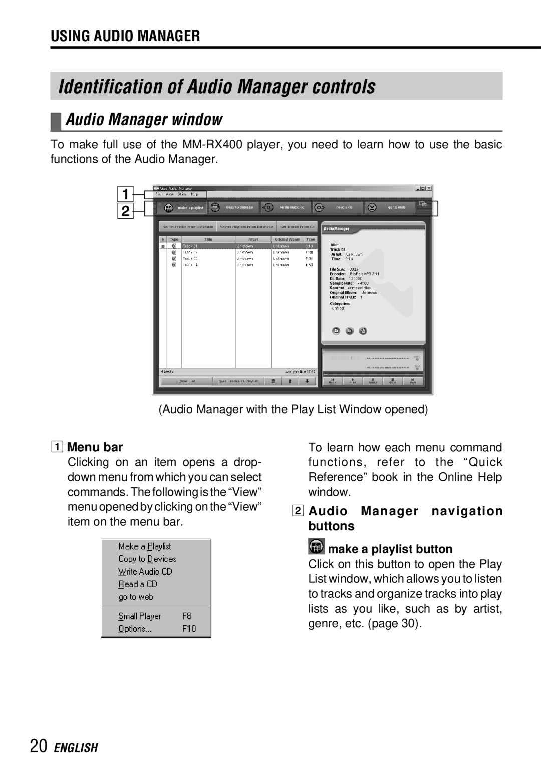 Aiwa MM-RX400 operating instructions Identification of Audio Manager controls, Audio Manager window, 1Menu bar 