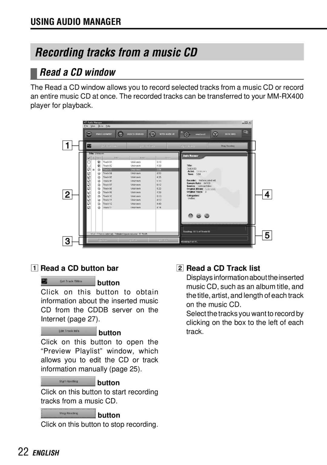 Aiwa MM-RX400 Recording tracks from a music CD, Read a CD window, 1Read a CD button bar Button, Read a CD Track list 