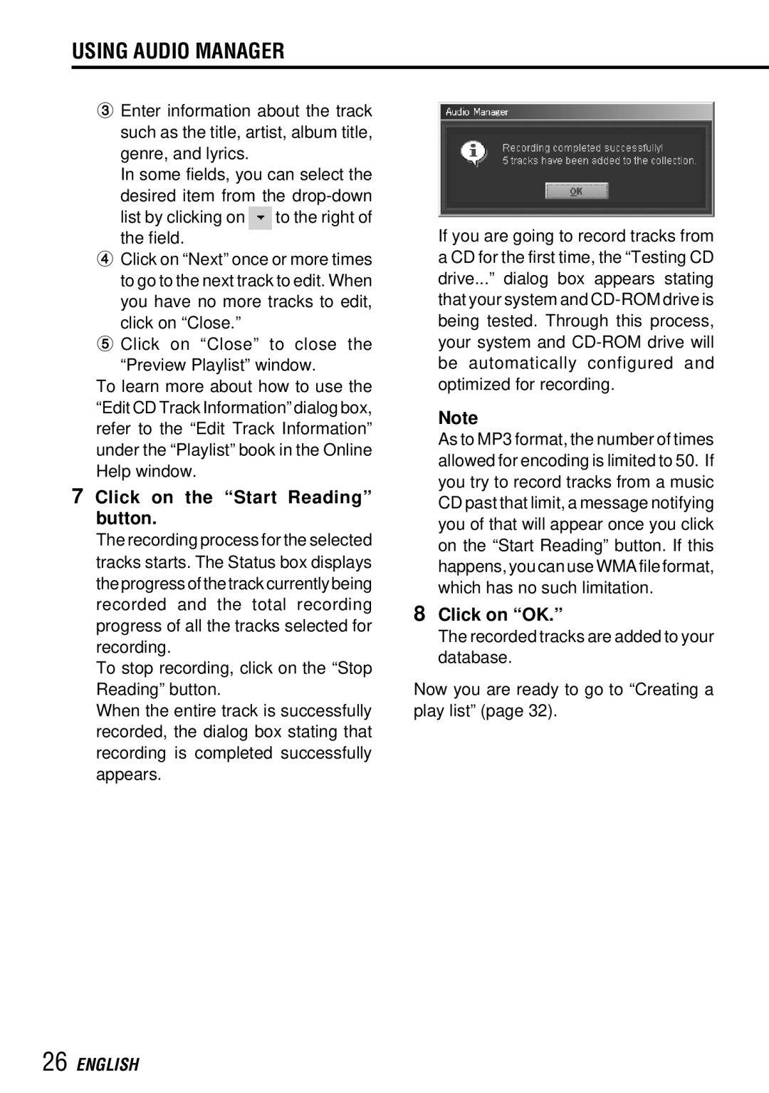 Aiwa MM-RX400 operating instructions Click on the Start Reading button, Click on OK 