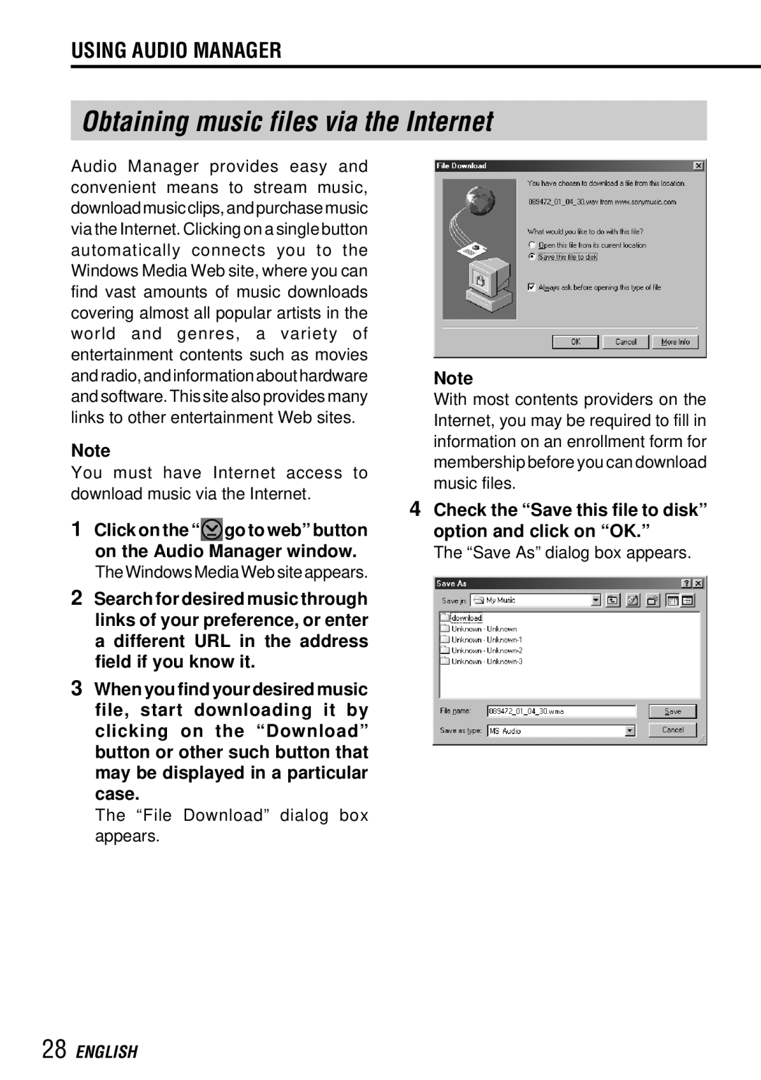 Aiwa MM-RX400 Obtaining music files via the Internet, Check the Save this file to disk option and click on OK 